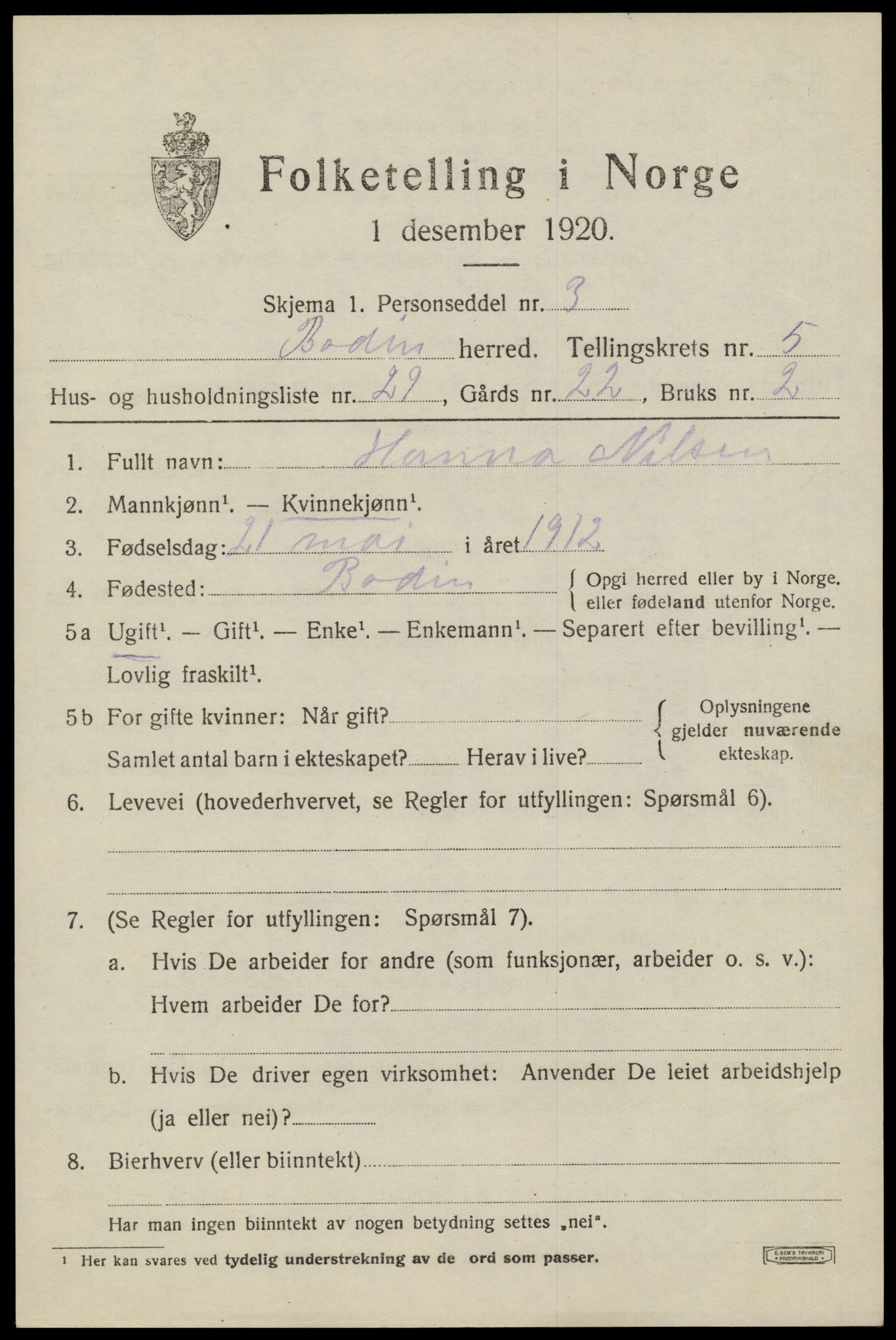 SAT, 1920 census for Bodin, 1920, p. 3278