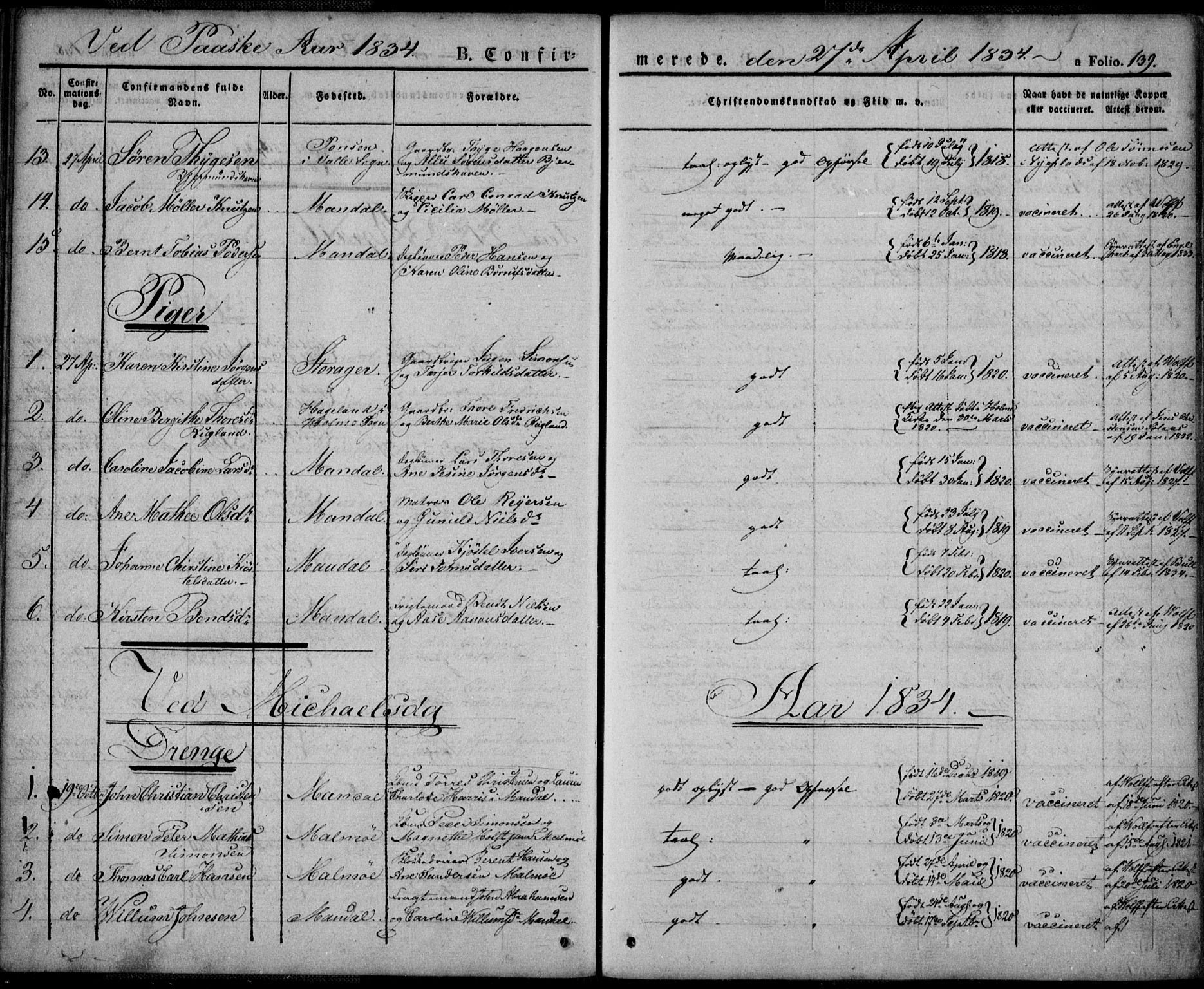 Mandal sokneprestkontor, SAK/1111-0030/F/Fa/Faa/L0011: Parish register (official) no. A 11, 1830-1839, p. 139