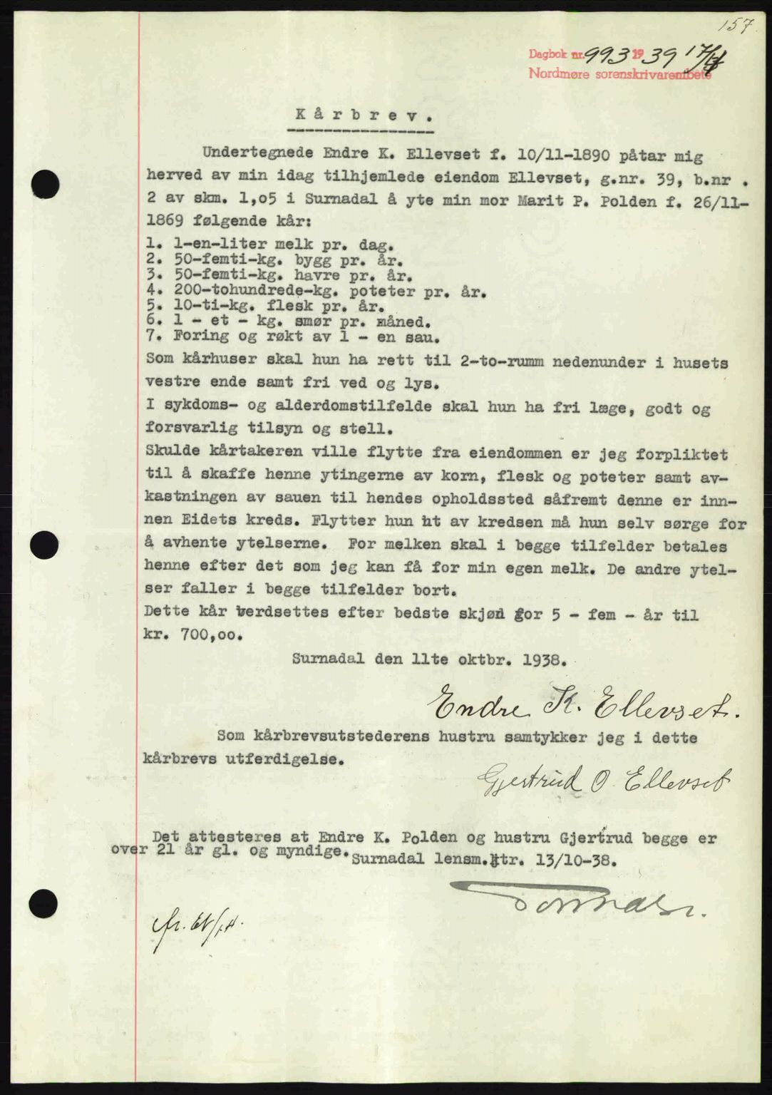 Nordmøre sorenskriveri, AV/SAT-A-4132/1/2/2Ca: Mortgage book no. B85, 1939-1939, Diary no: : 993/1939