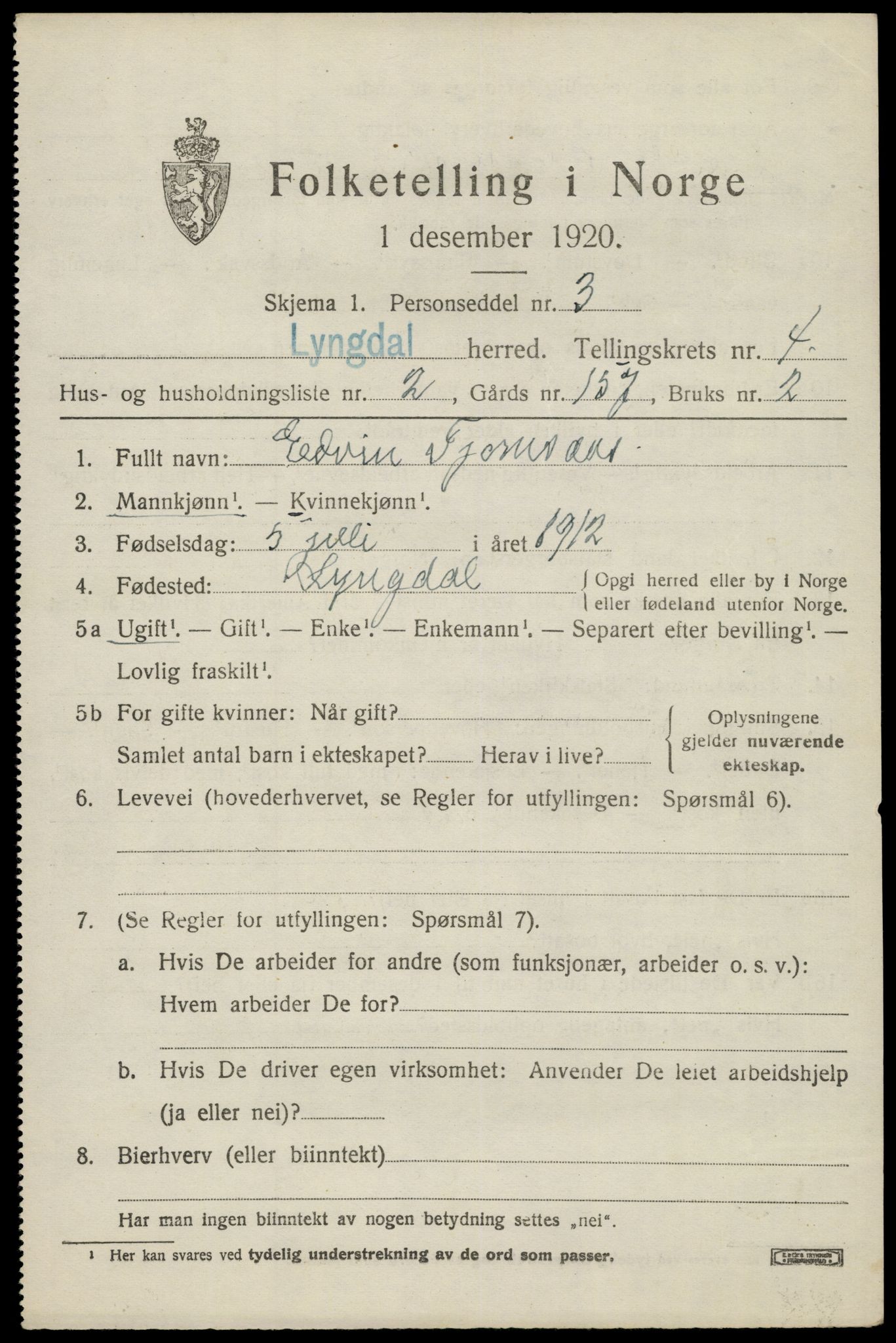 SAK, 1920 census for Lyngdal, 1920, p. 2397