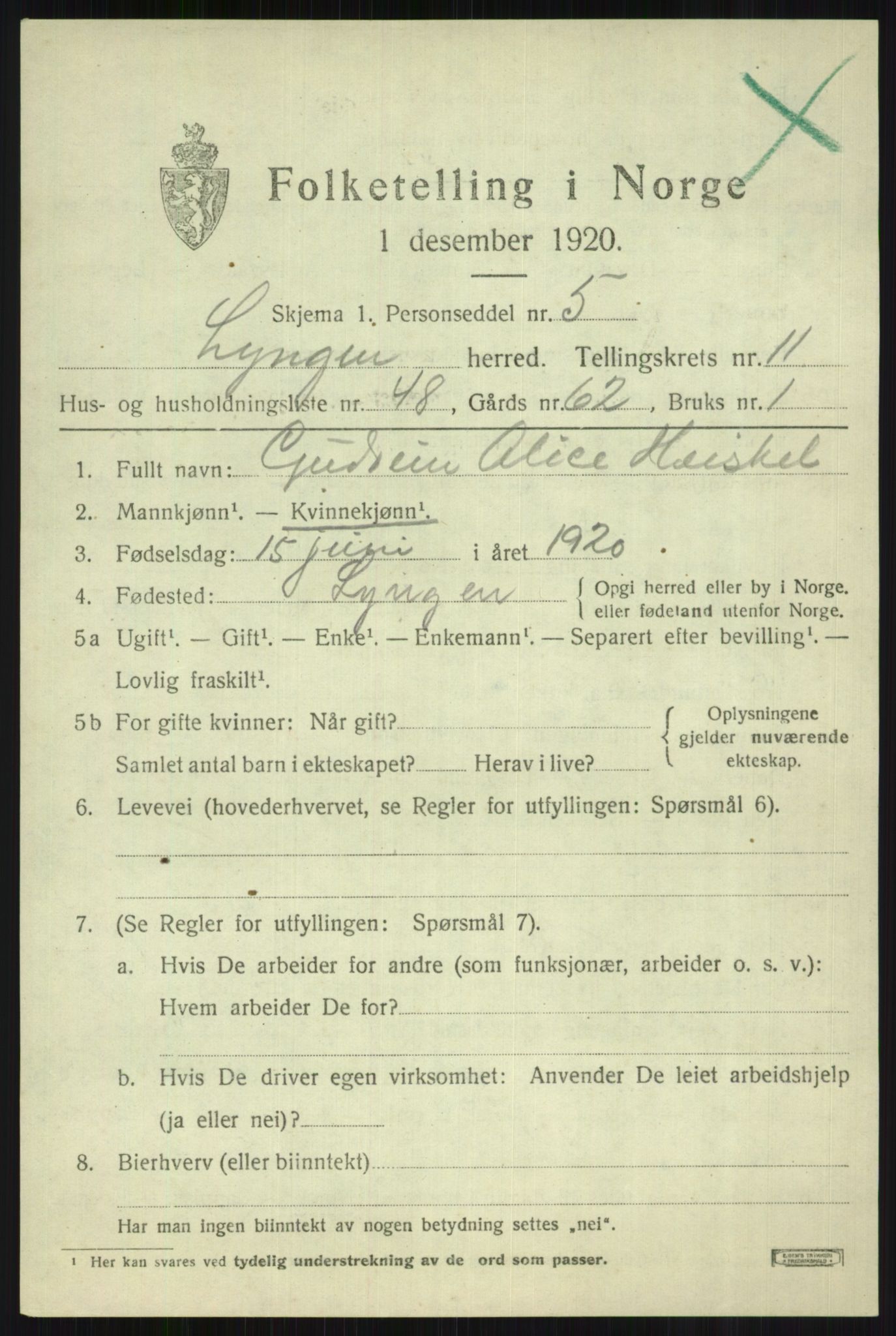 SATØ, 1920 census for Lyngen, 1920, p. 8995