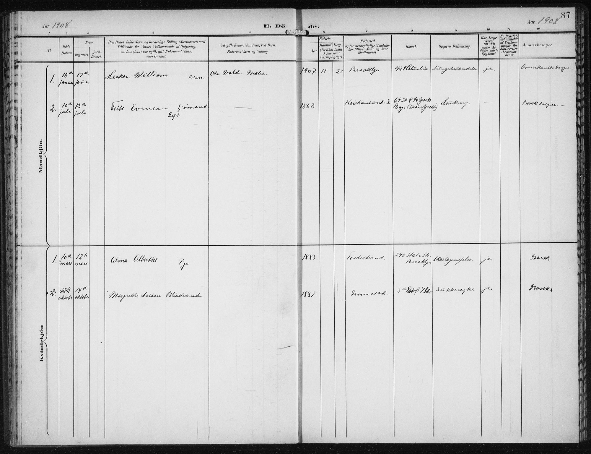 Den norske sjømannsmisjon i utlandet/New York, AV/SAB-SAB/PA-0110/H/Ha/L0005: Parish register (official) no. A 5, 1902-1908, p. 87