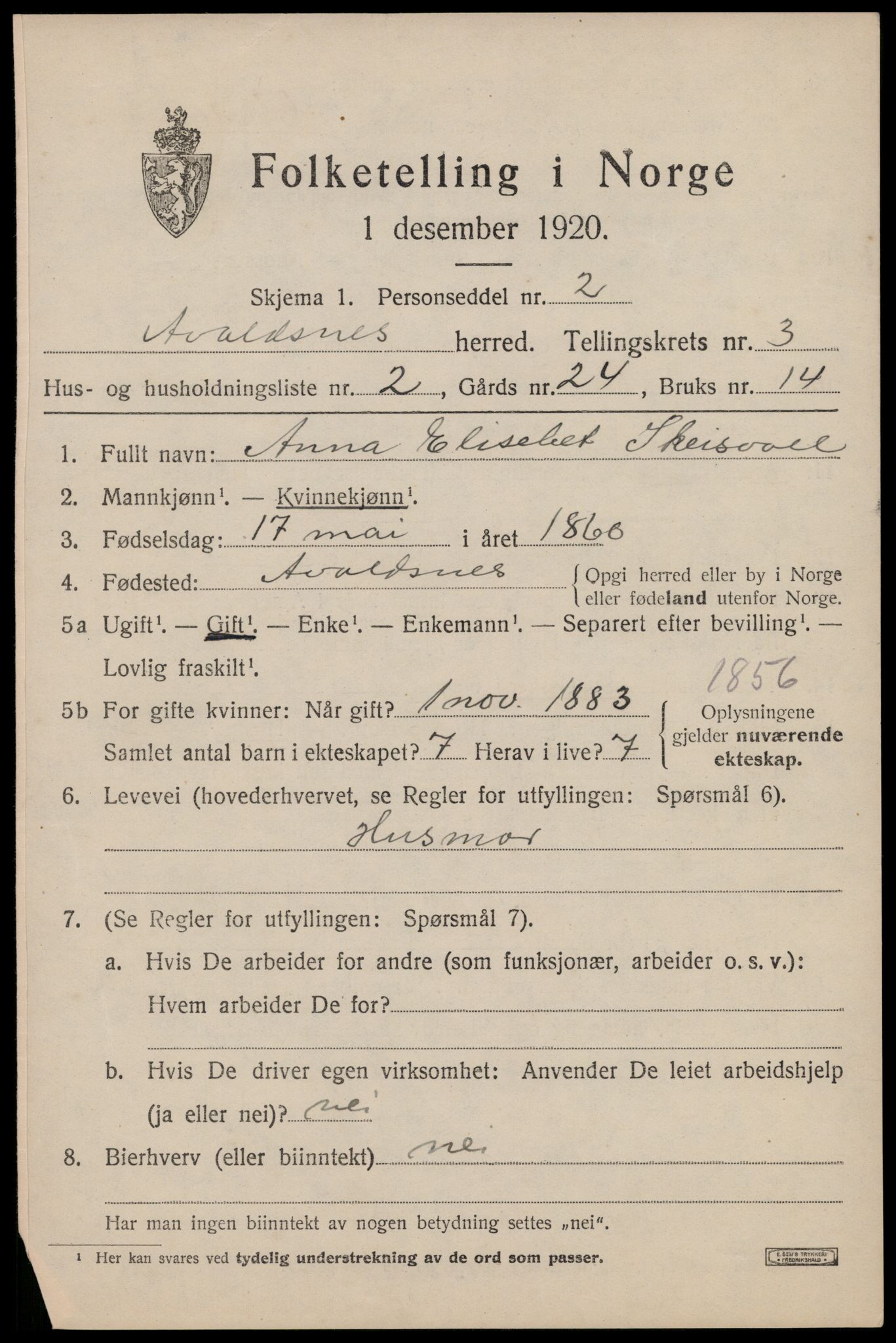 SAST, 1920 census for Avaldsnes, 1920, p. 2855