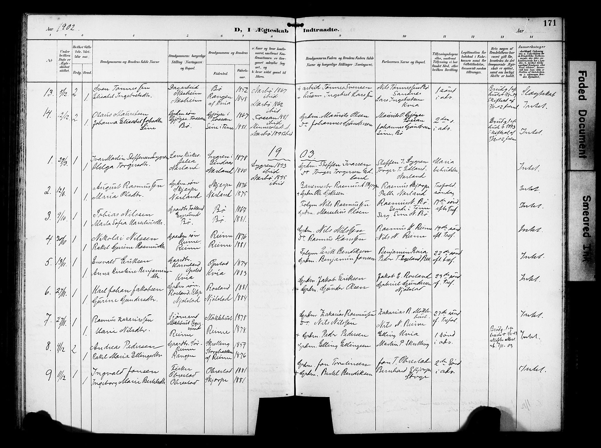 Hå sokneprestkontor, AV/SAST-A-101801/001/30BB/L0005: Parish register (copy) no. B 5, 1894-1912, p. 171