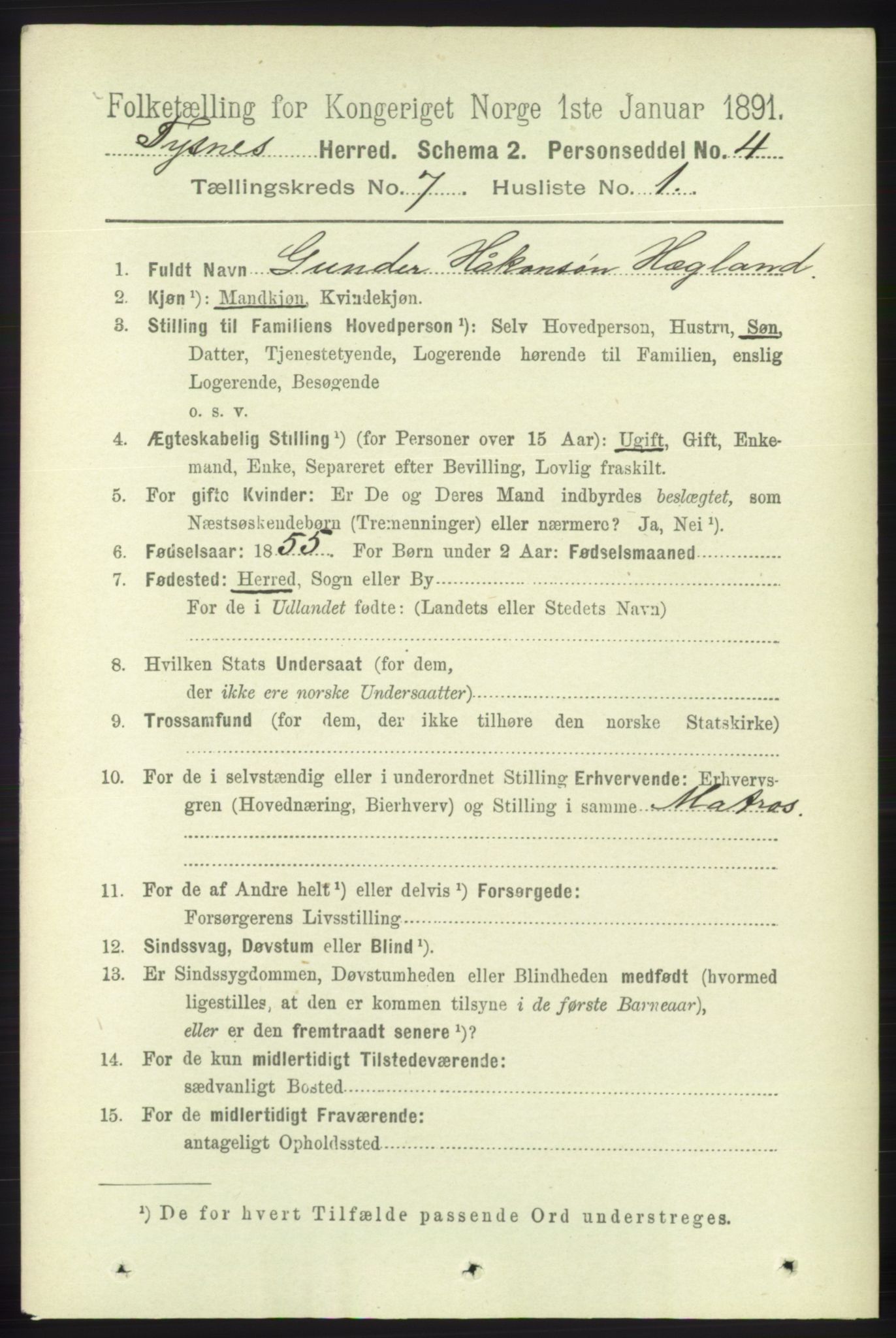 RA, 1891 census for 1223 Tysnes, 1891, p. 2881