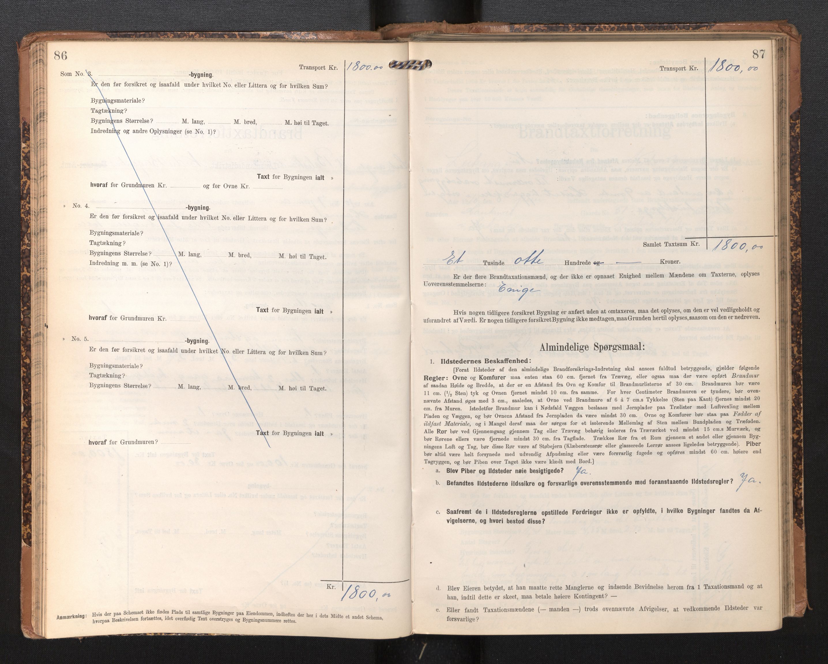 Lensmannen i Leikanger, AV/SAB-A-29201/0012/L0005: Branntakstprotokoll, skjematakst, 1907-1917, p. 86-87