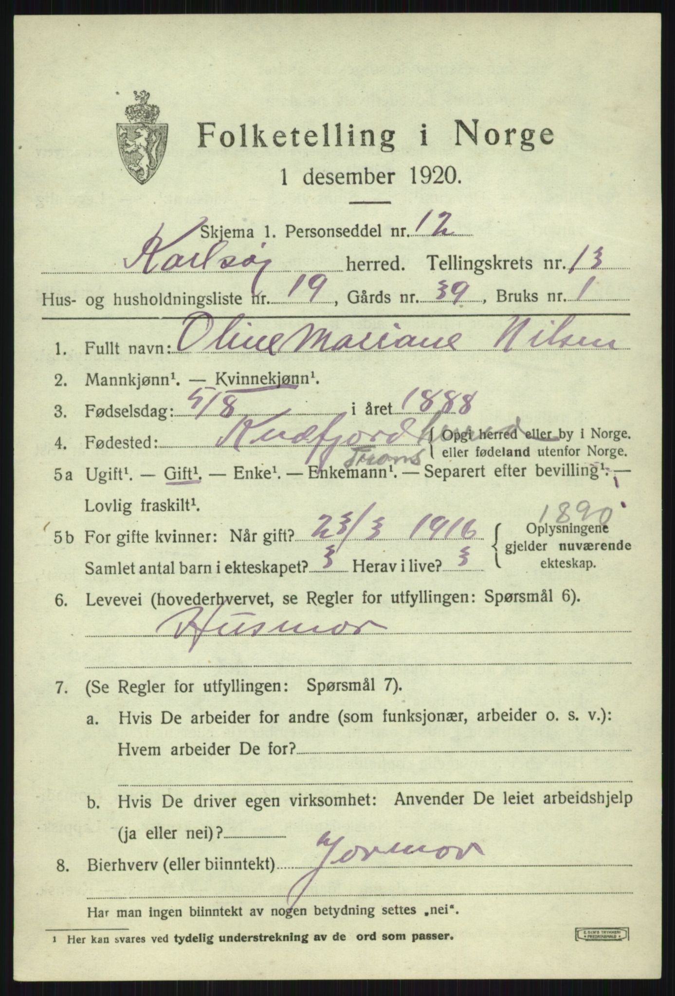 SATØ, 1920 census for Karlsøy, 1920, p. 4840