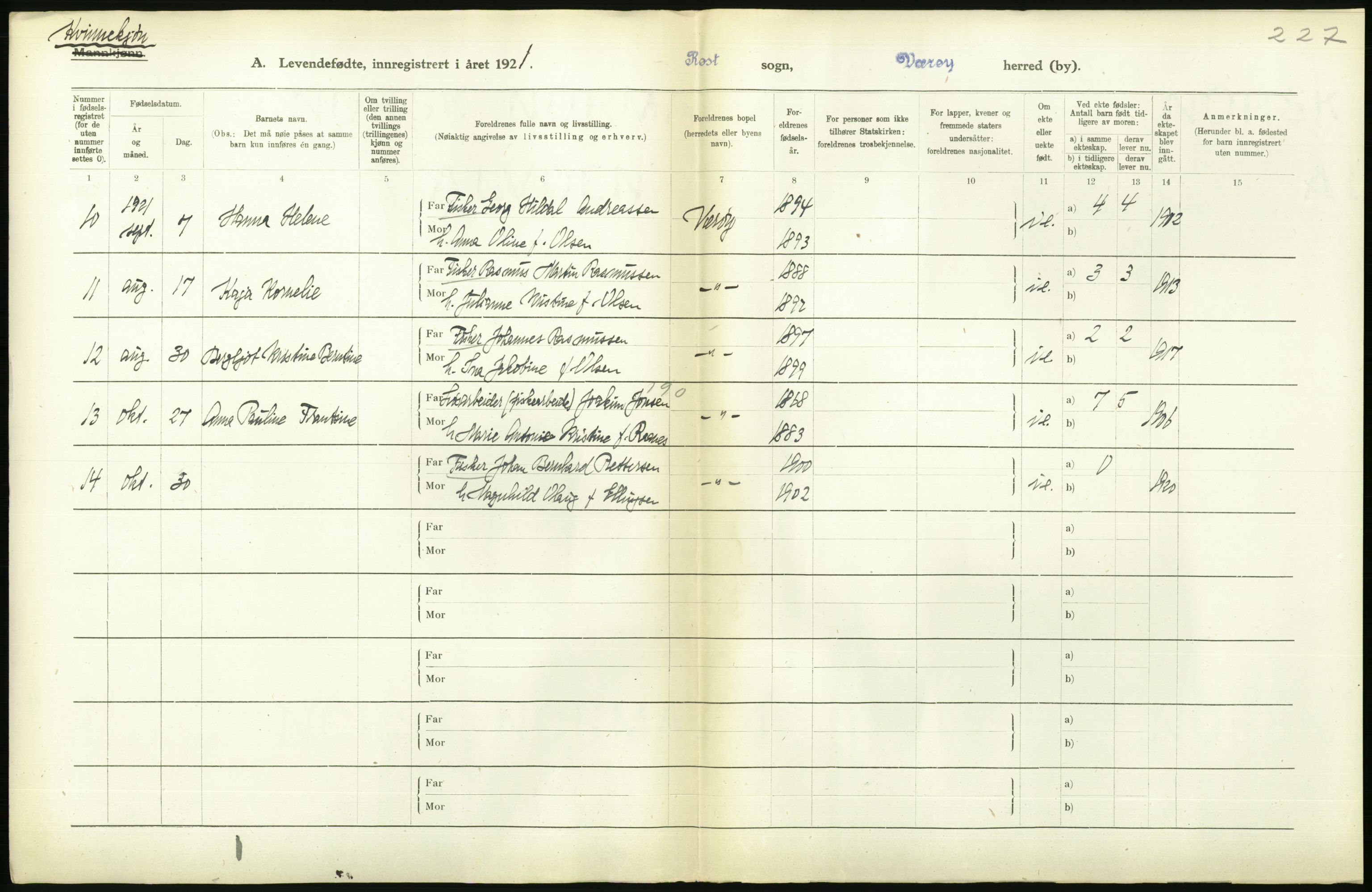 Statistisk sentralbyrå, Sosiodemografiske emner, Befolkning, AV/RA-S-2228/D/Df/Dfc/Dfca/L0049: Nordland fylke: Levendefødte menn og kvinner. Bygder., 1921, p. 372