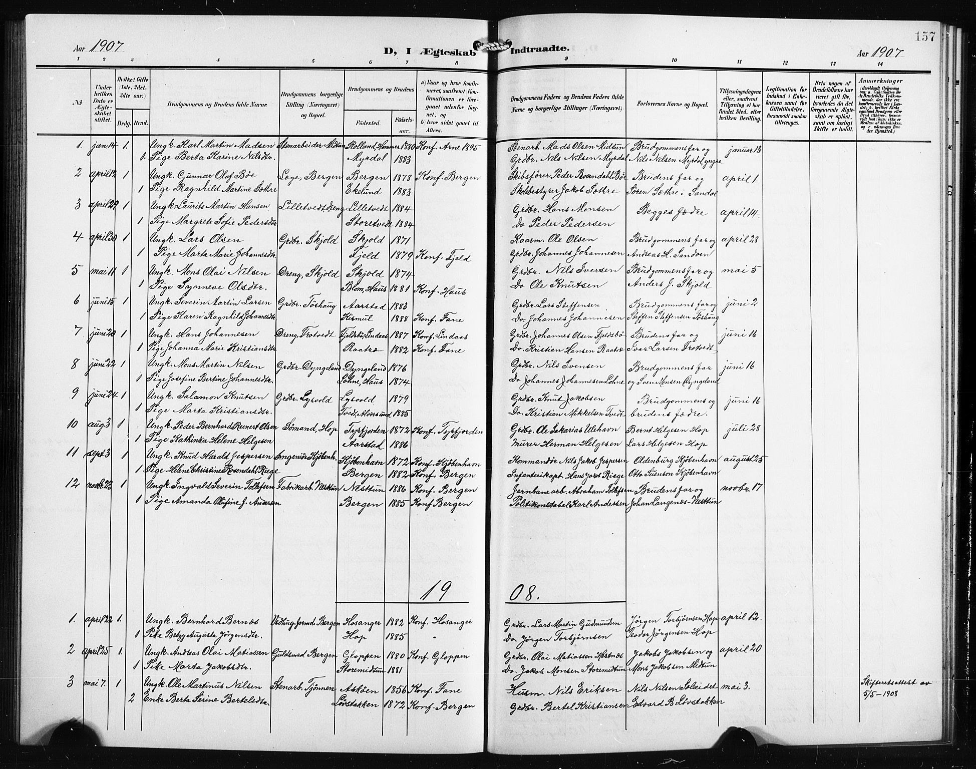 Birkeland Sokneprestembete, SAB/A-74601/H/Hab: Parish register (copy) no. A 6, 1906-1915, p. 157