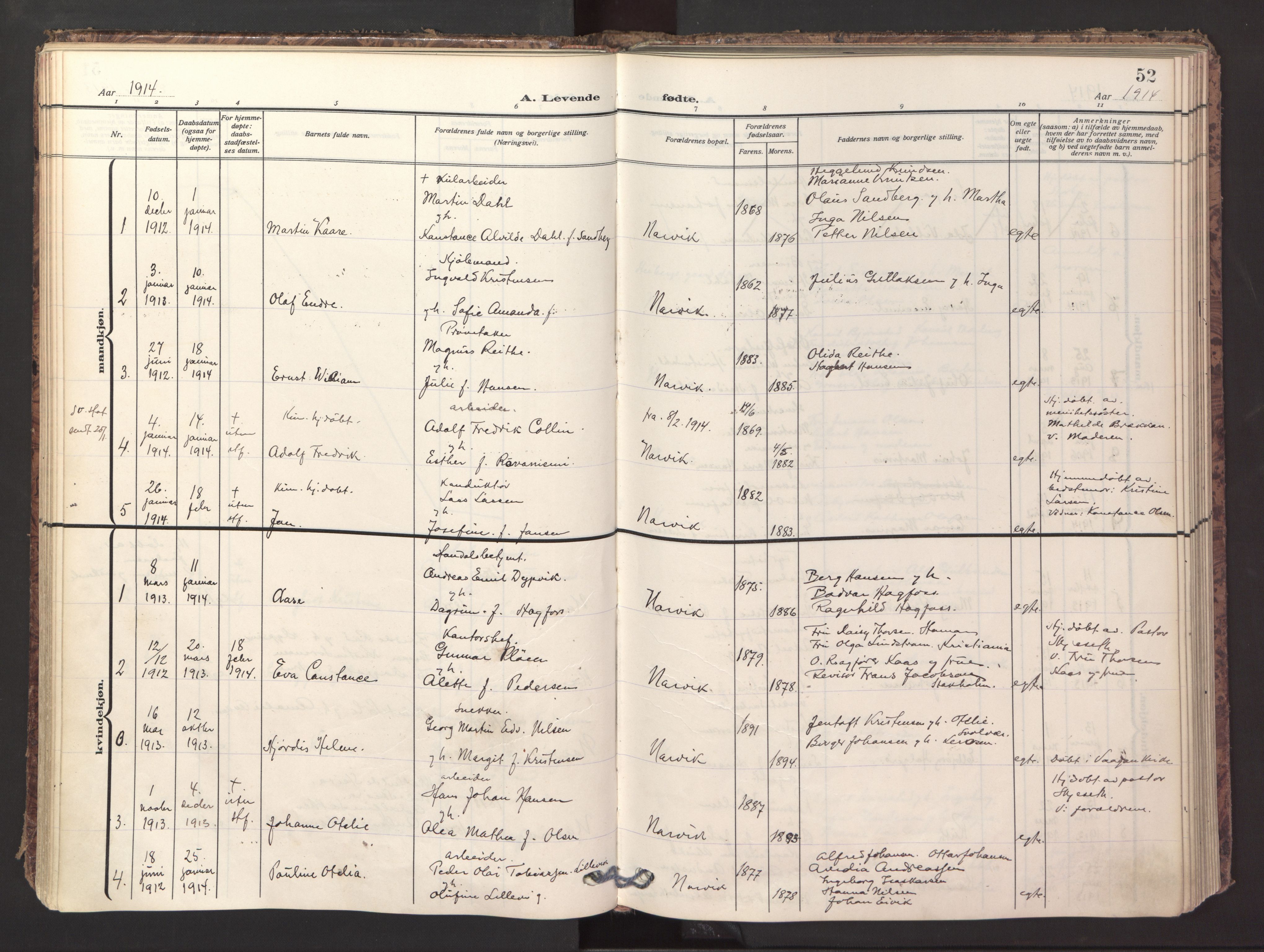 Ministerialprotokoller, klokkerbøker og fødselsregistre - Nordland, AV/SAT-A-1459/871/L1001: Parish register (official) no. 871A17, 1911-1921, p. 52