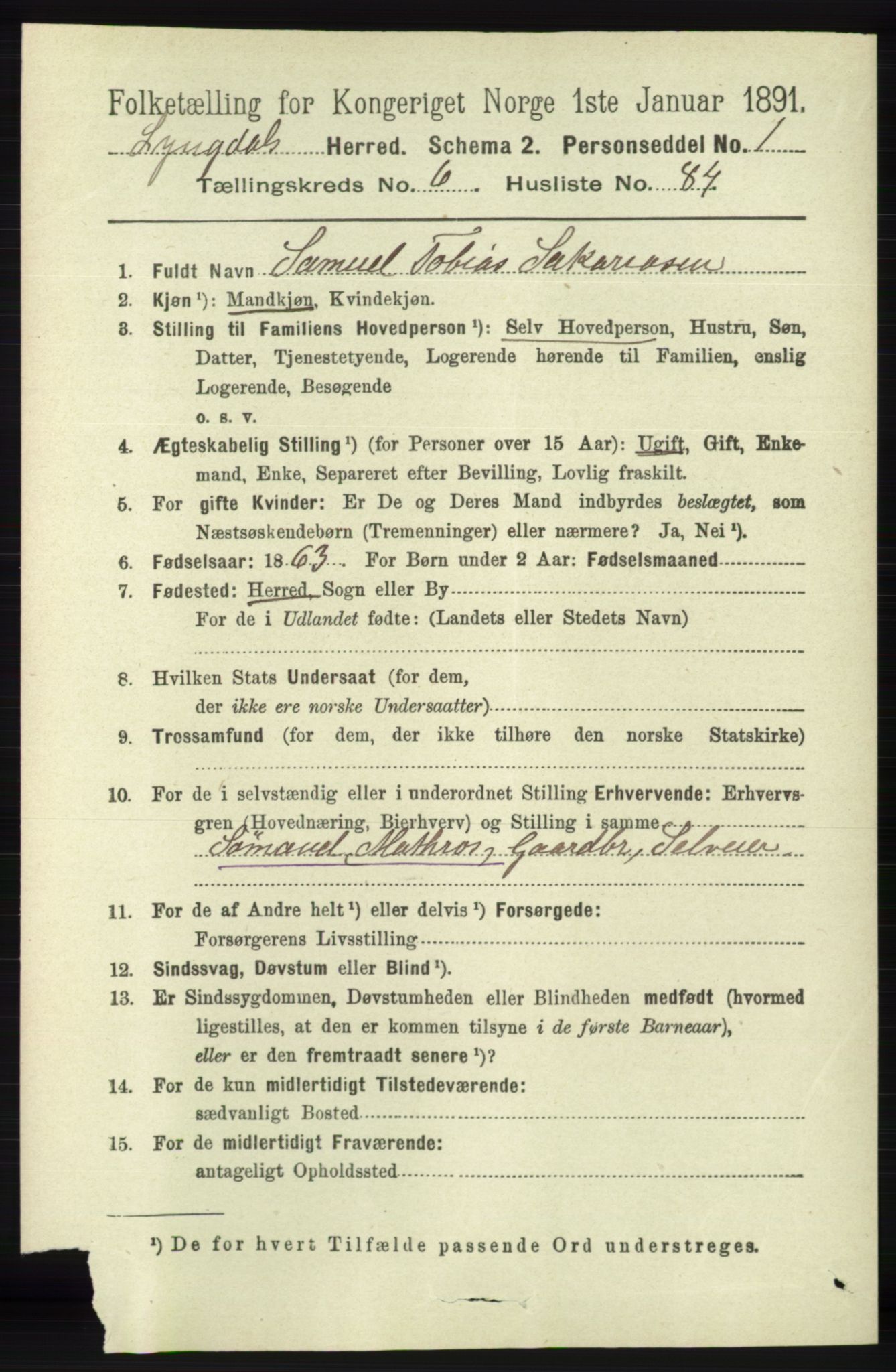 RA, 1891 census for 1032 Lyngdal, 1891, p. 2834