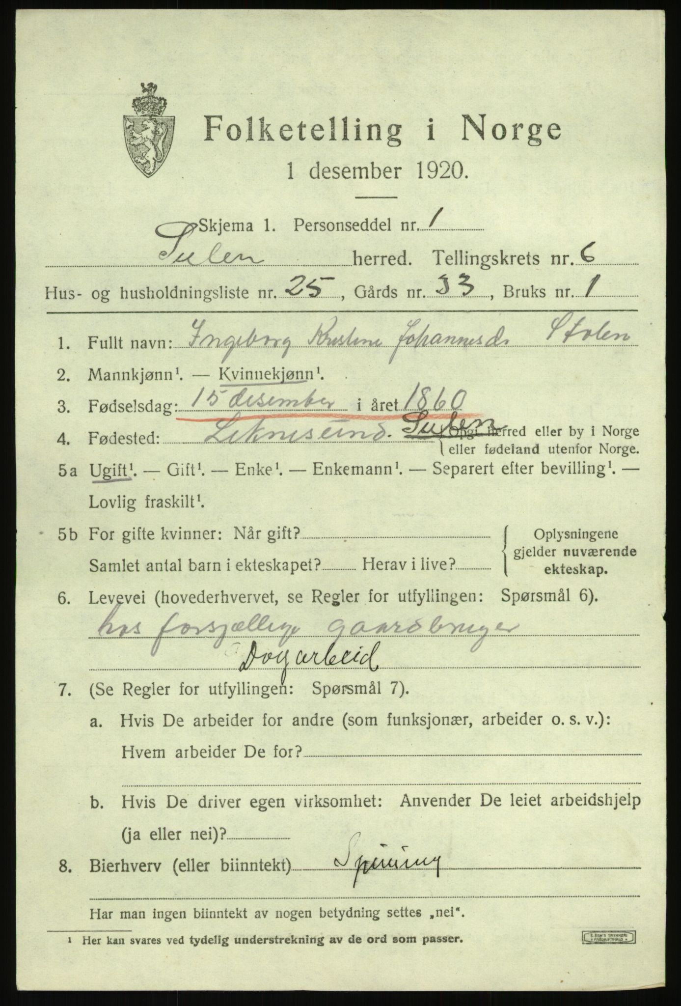 SAB, 1920 census for Solund, 1920, p. 2714