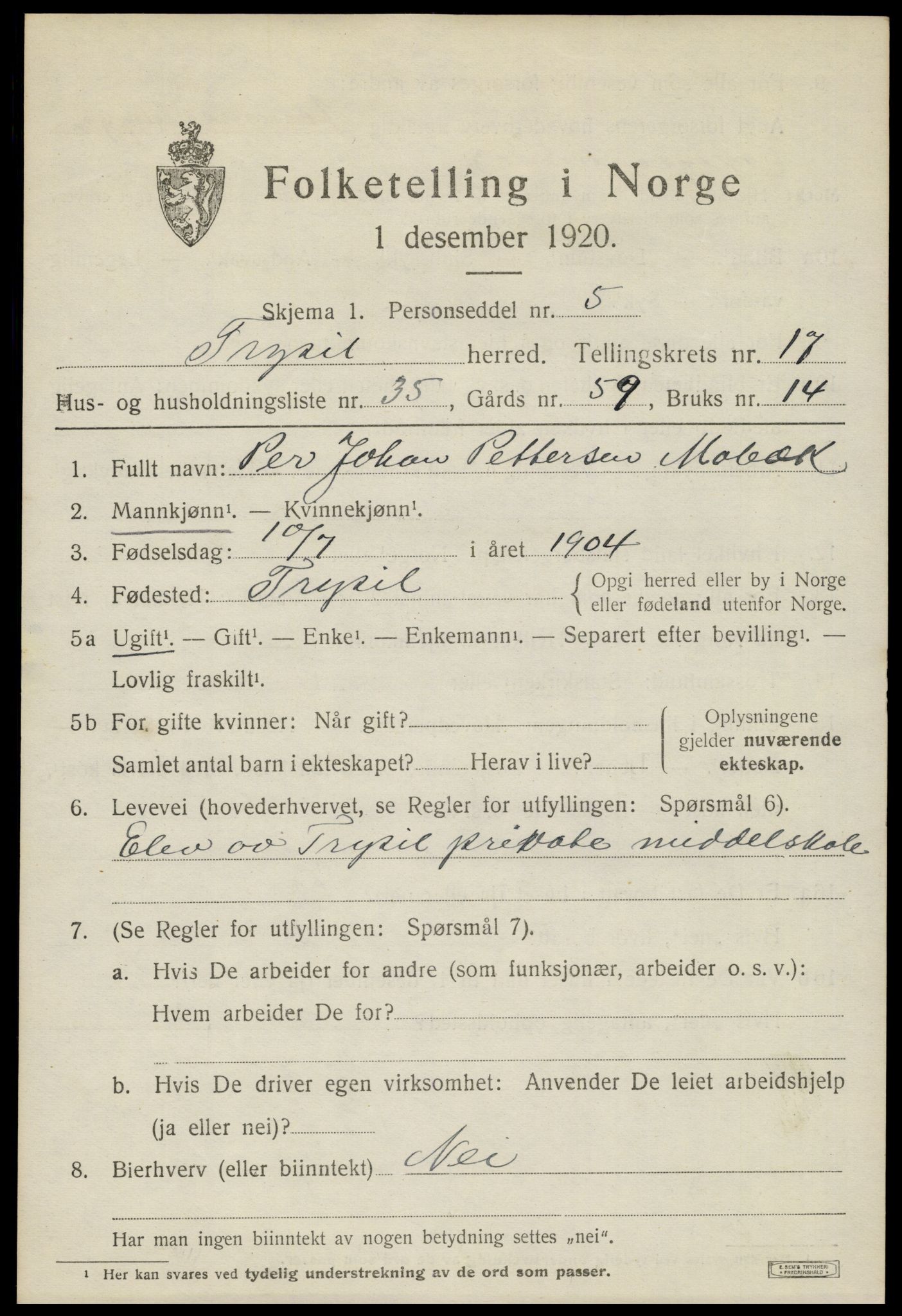 SAH, 1920 census for Trysil, 1920, p. 10603
