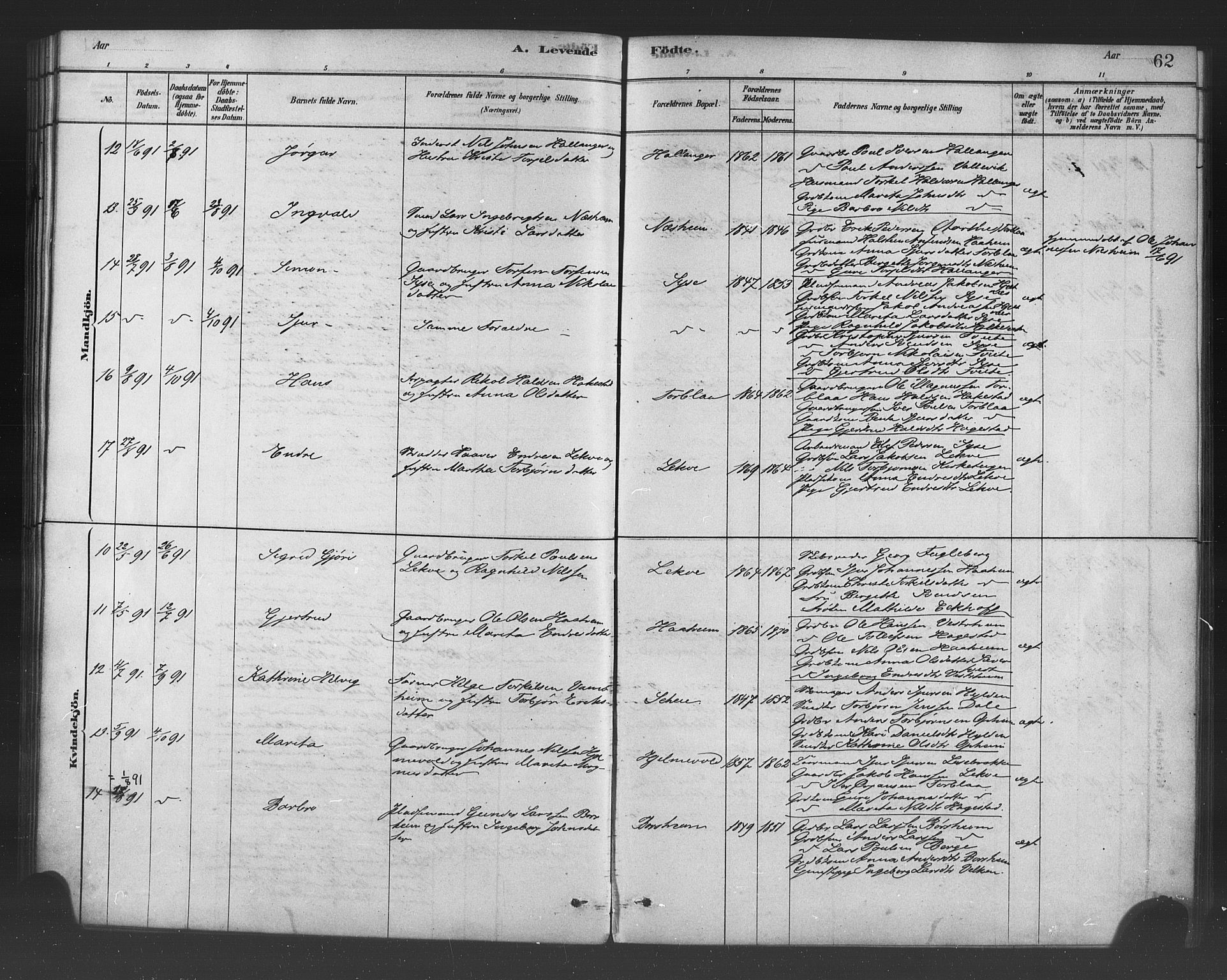 Ulvik sokneprestembete, AV/SAB-A-78801/H/Haa: Parish register (official) no. B 1, 1878-1897, p. 62