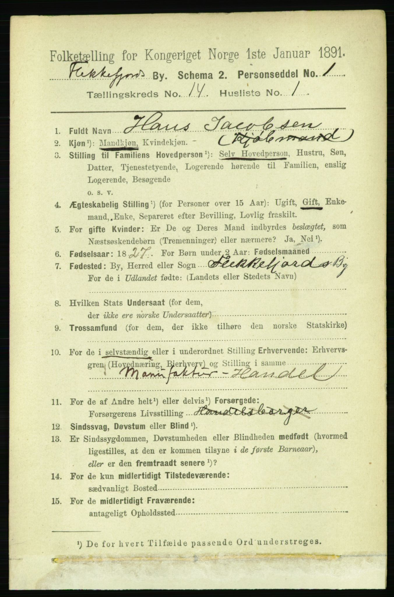 RA, 1891 census for 1004 Flekkefjord, 1891, p. 1867