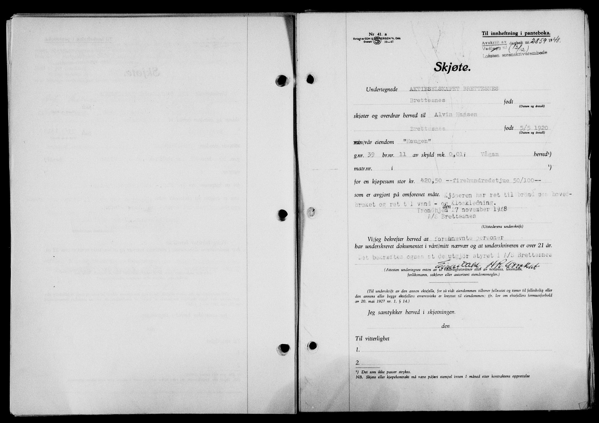 Lofoten sorenskriveri, SAT/A-0017/1/2/2C/L0020a: Mortgage book no. 20a, 1948-1949, Diary no: : 2859/1948