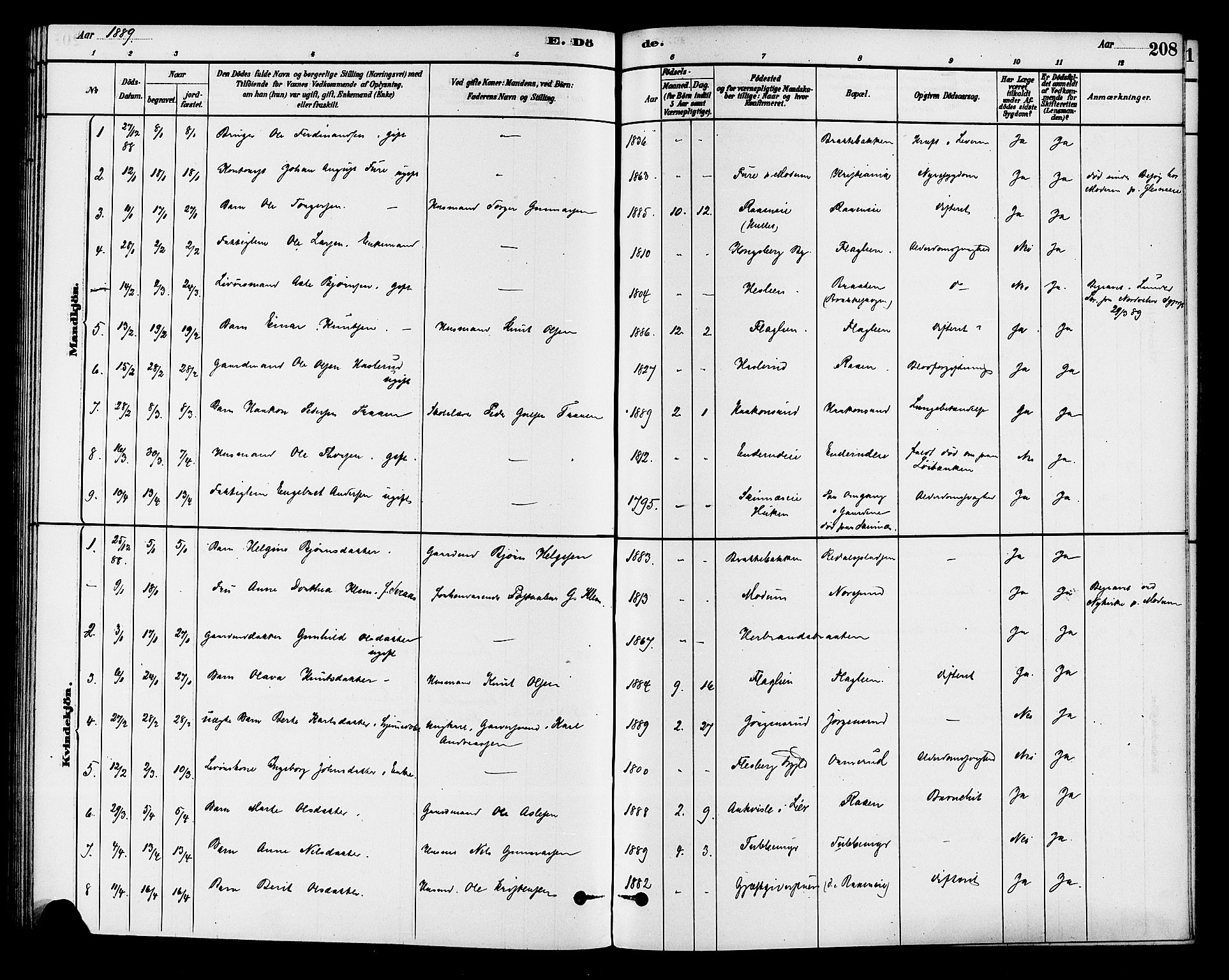 Krødsherad kirkebøker, SAKO/A-19/G/Ga/L0001: Parish register (copy) no. 1, 1879-1893, p. 208