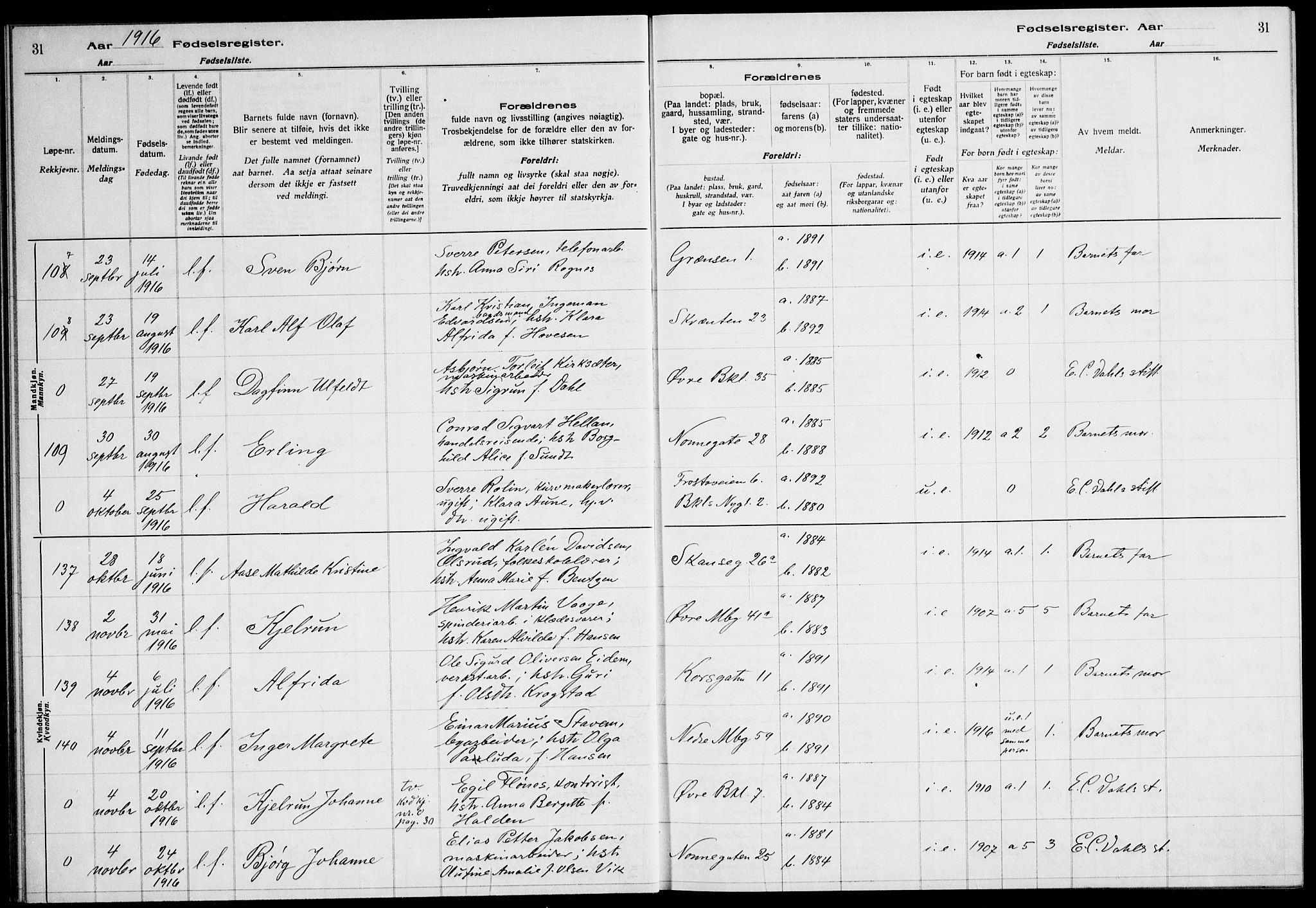 Ministerialprotokoller, klokkerbøker og fødselsregistre - Sør-Trøndelag, SAT/A-1456/604/L0232: Birth register no. 604.II.4.1, 1916-1920, p. 31