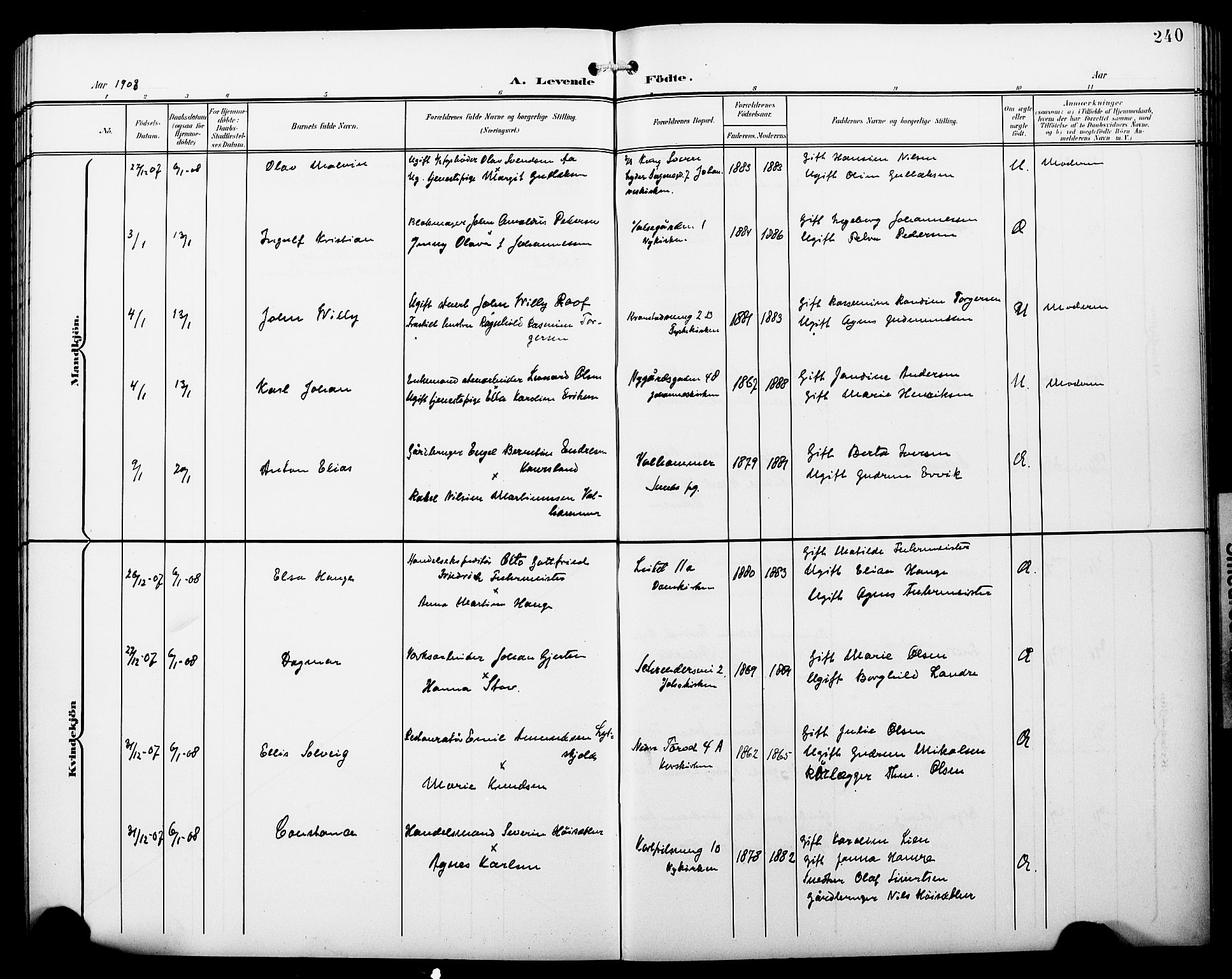 Fødselsstiftelsens sokneprestembete*, SAB/-: Parish register (copy) no. A 1, 1900-1909, p. 240