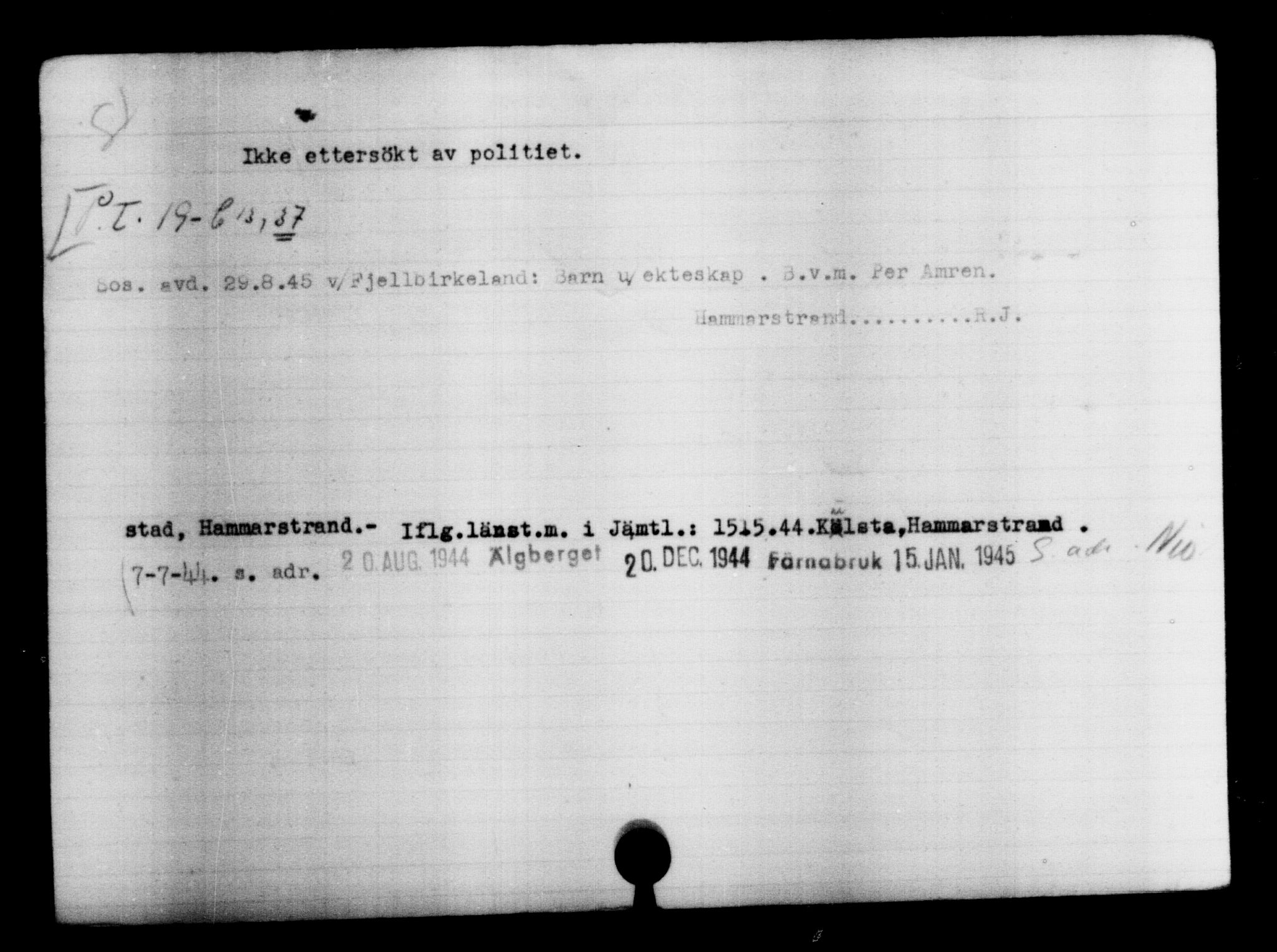 Den Kgl. Norske Legasjons Flyktningskontor, AV/RA-S-6753/V/Va/L0004: Kjesäterkartoteket.  Flyktningenr. 3496-6610, 1940-1945, p. 1401