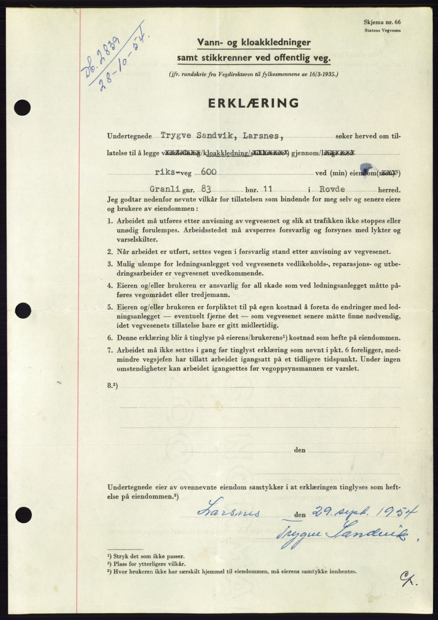 Søre Sunnmøre sorenskriveri, AV/SAT-A-4122/1/2/2C/L0099: Mortgage book no. 25A, 1954-1954, Diary no: : 2839/1954