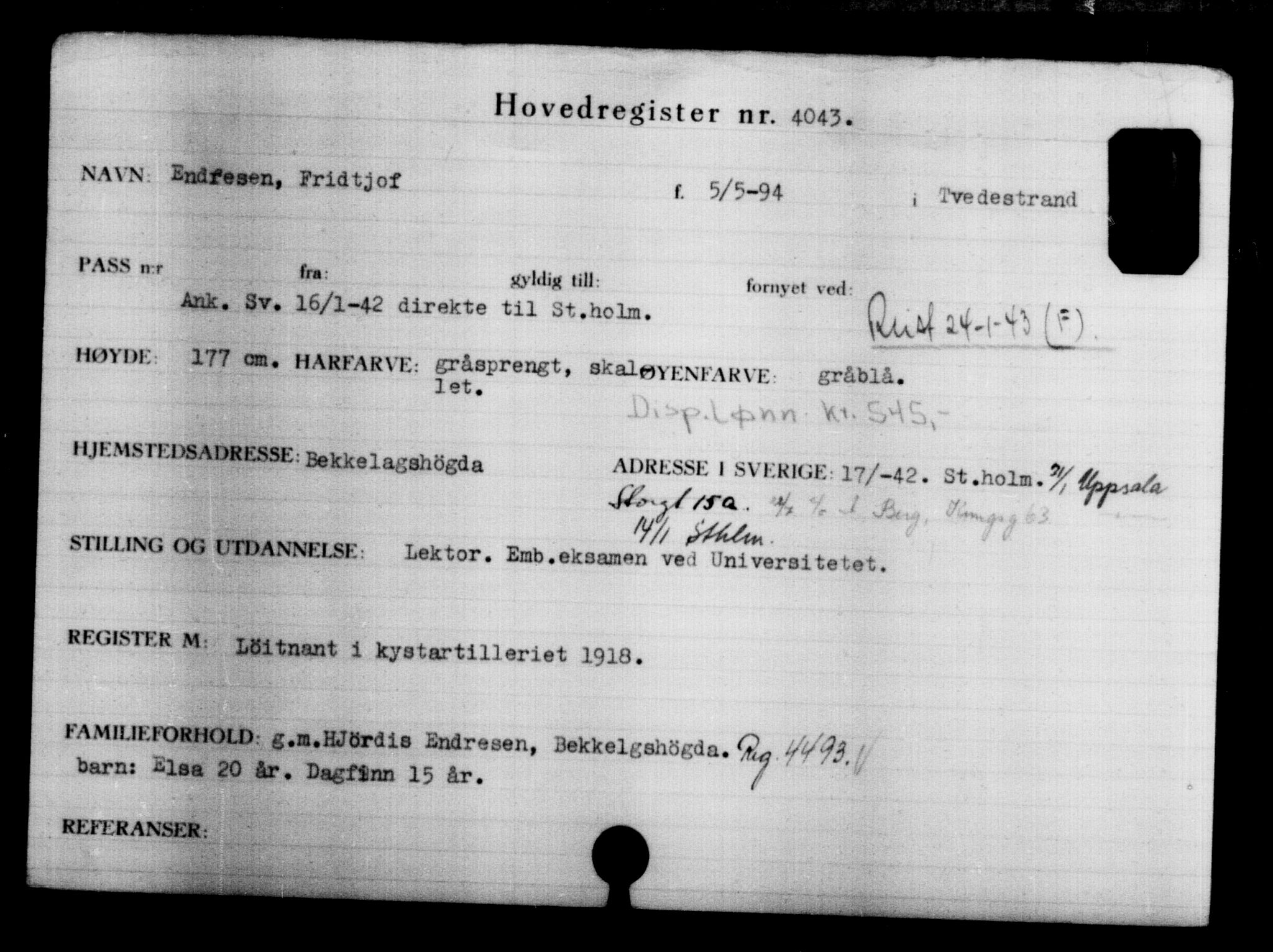 Utenriksstasjonene, Legasjonen i Stockholm, Flyktningkontoret, AV/RA-S-6753/V/Va/L0004: Kjesäterkartoteket, flyktninger med registreringsnr. 3496-6610, 1940-1945, p. 640