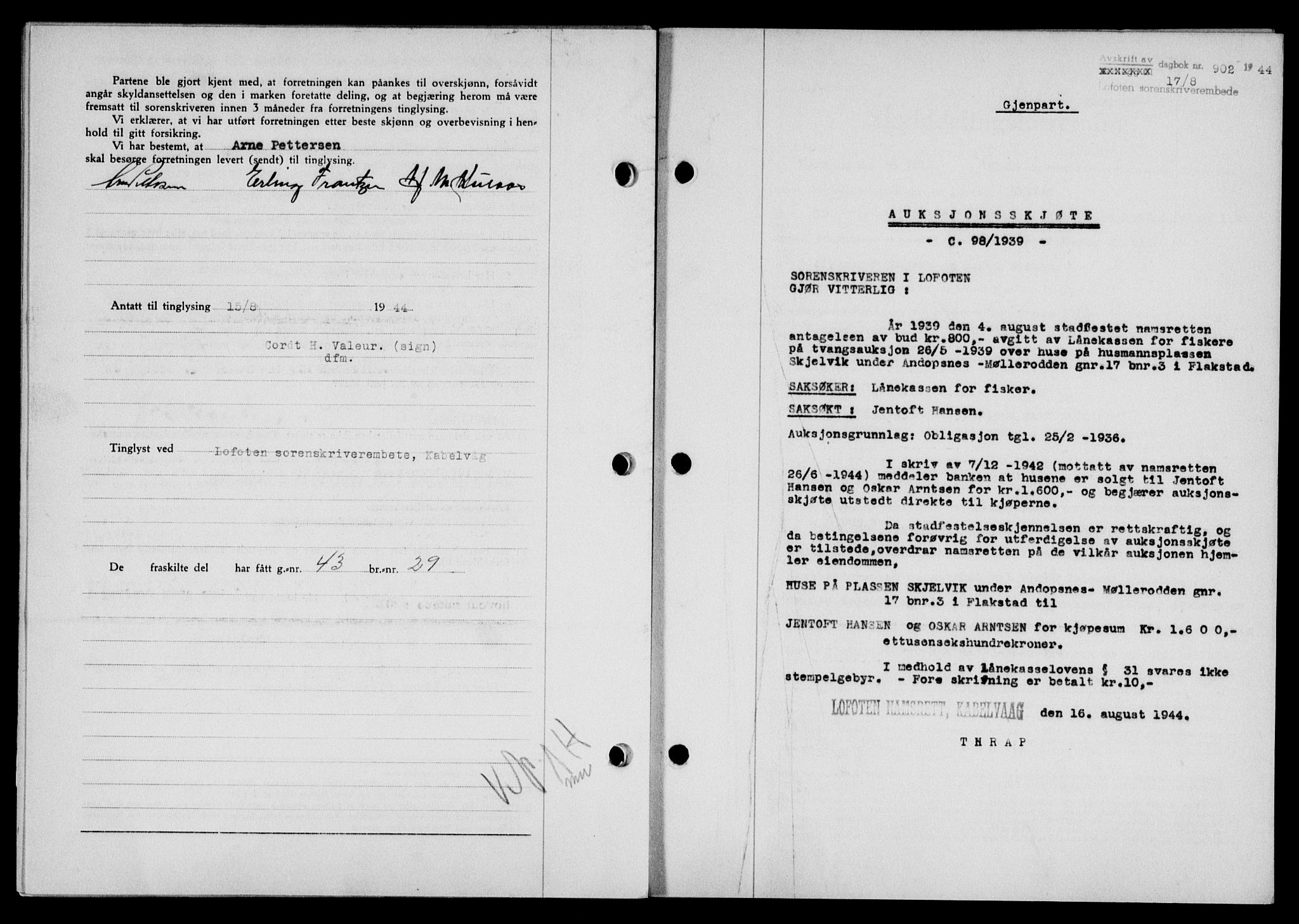 Lofoten sorenskriveri, SAT/A-0017/1/2/2C/L0012a: Mortgage book no. 12a, 1943-1944, Diary no: : 902/1944