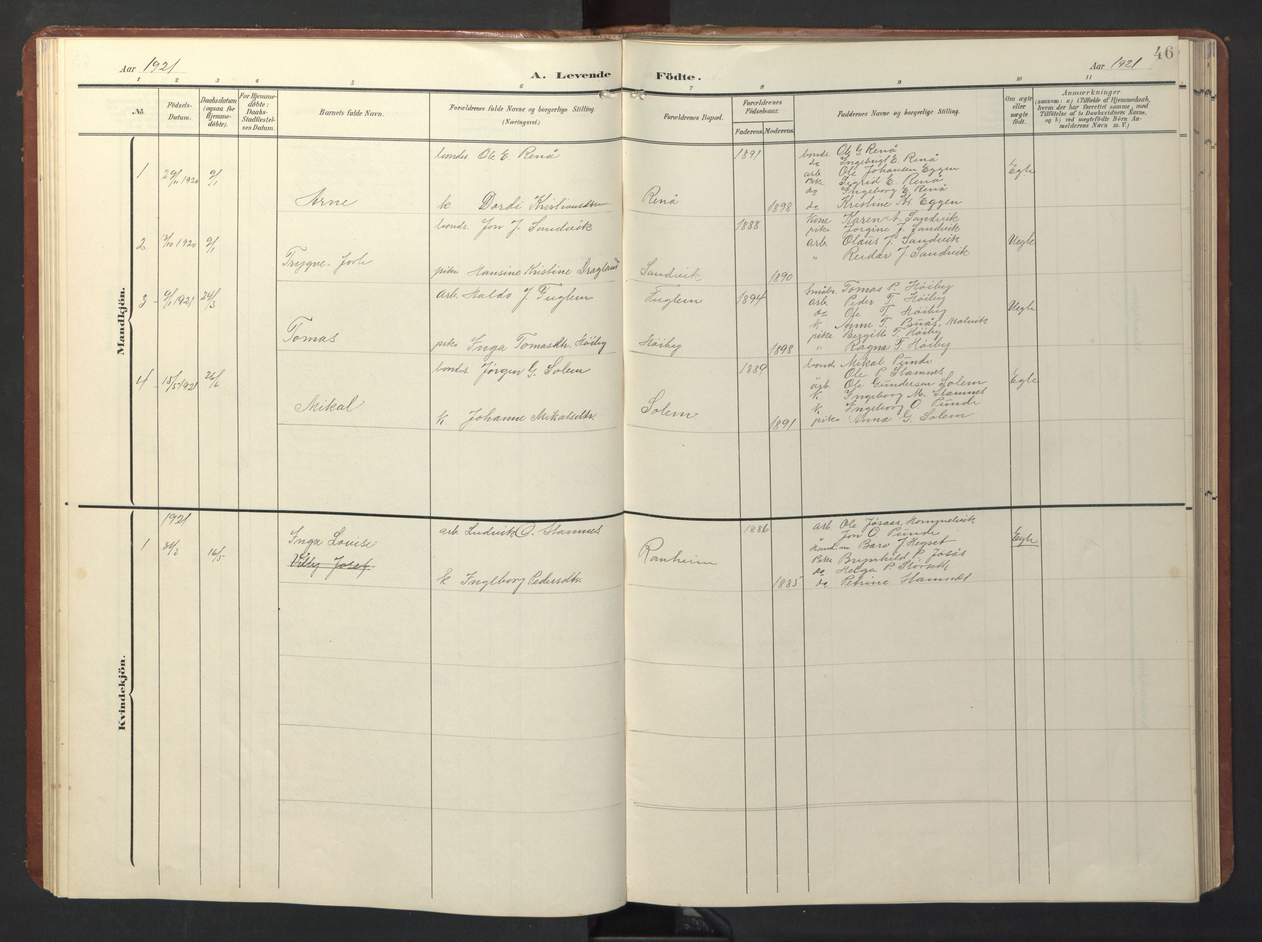 Ministerialprotokoller, klokkerbøker og fødselsregistre - Sør-Trøndelag, SAT/A-1456/696/L1161: Parish register (copy) no. 696C01, 1902-1950, p. 46