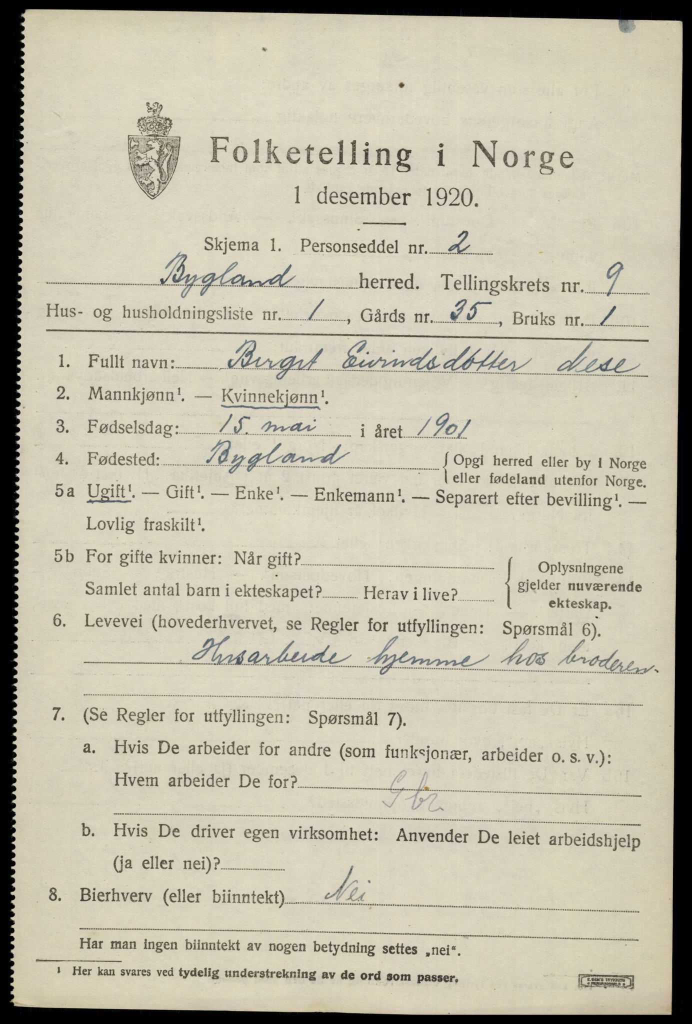 SAK, 1920 census for Bygland, 1920, p. 3091