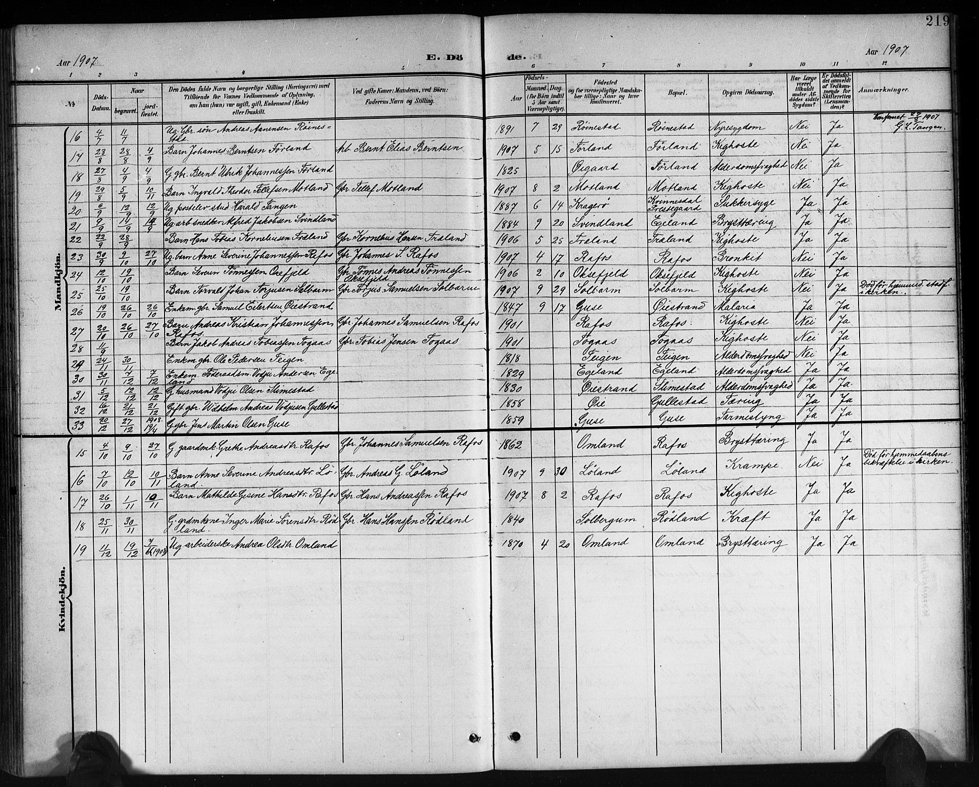 Kvinesdal sokneprestkontor, SAK/1111-0026/F/Fb/Fbb/L0003: Parish register (copy) no. B 3, 1898-1916, p. 219