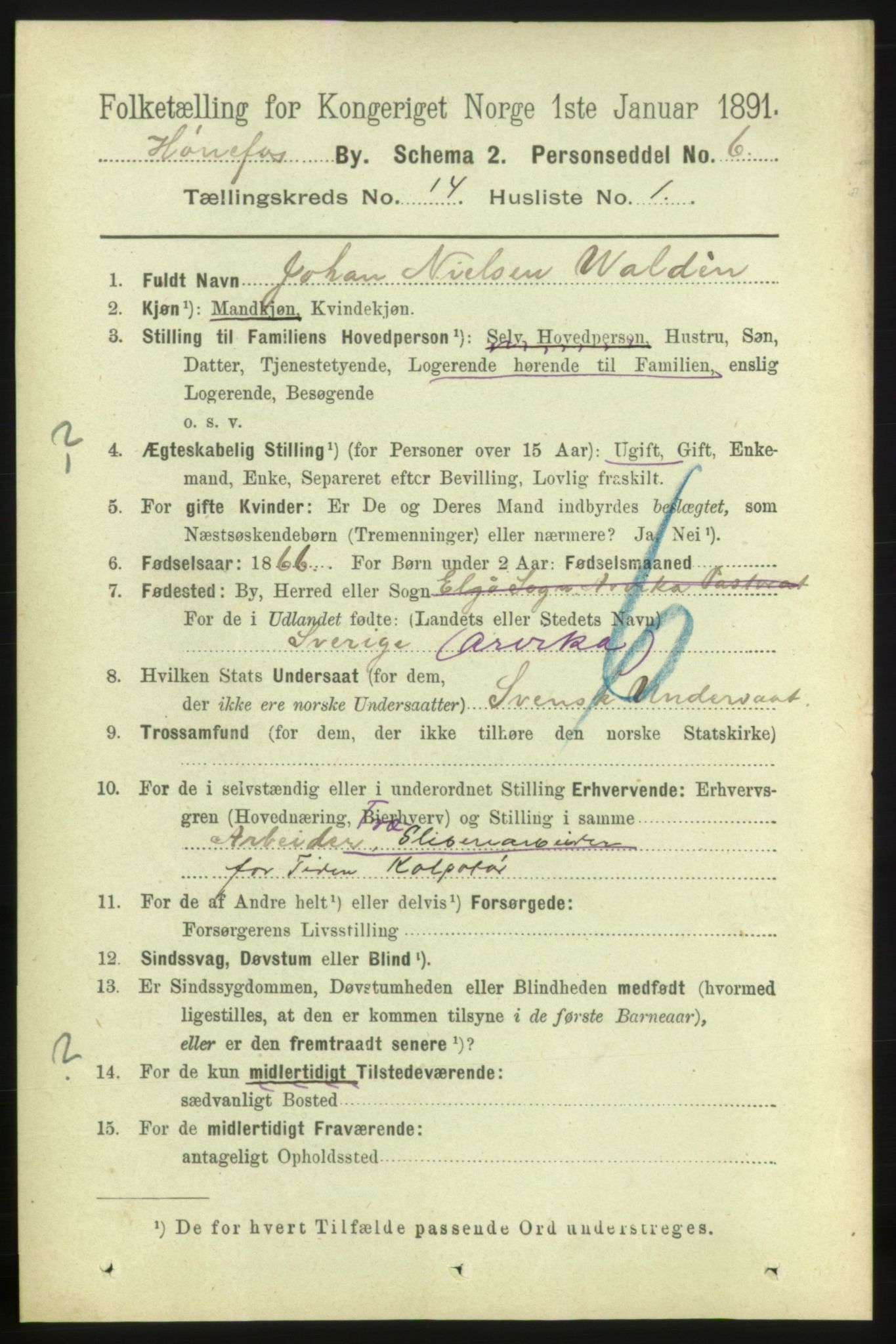 RA, 1891 census for 0601 Hønefoss, 1891, p. 1654