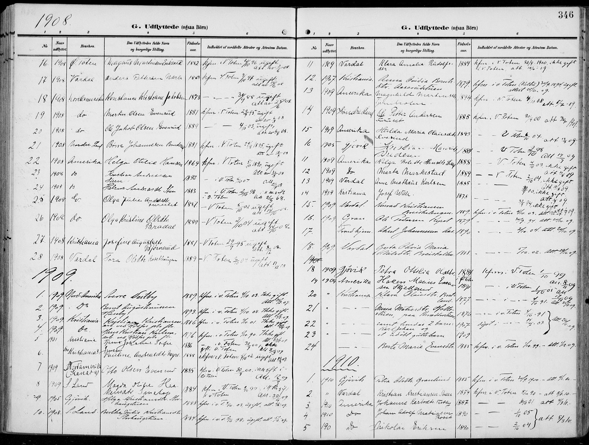 Vestre Toten prestekontor, SAH/PREST-108/H/Ha/Haa/L0014: Parish register (official) no. 14, 1907-1920, p. 346
