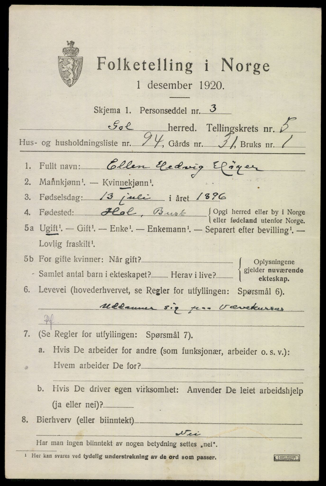 SAKO, 1920 census for Gol, 1920, p. 4568