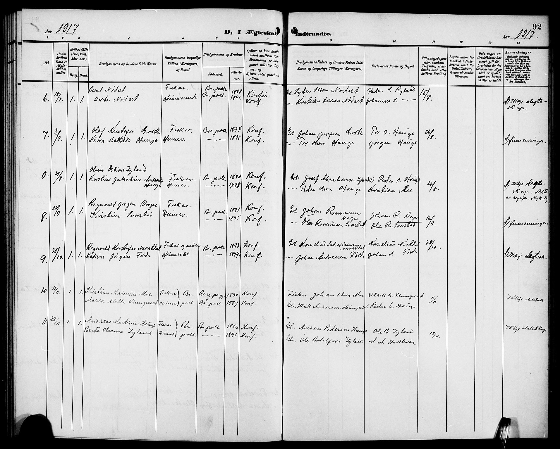 Bremanger sokneprestembete, AV/SAB-A-82201/H/Hab/Habc/L0001: Parish register (copy) no. C 1, 1908-1919, p. 92