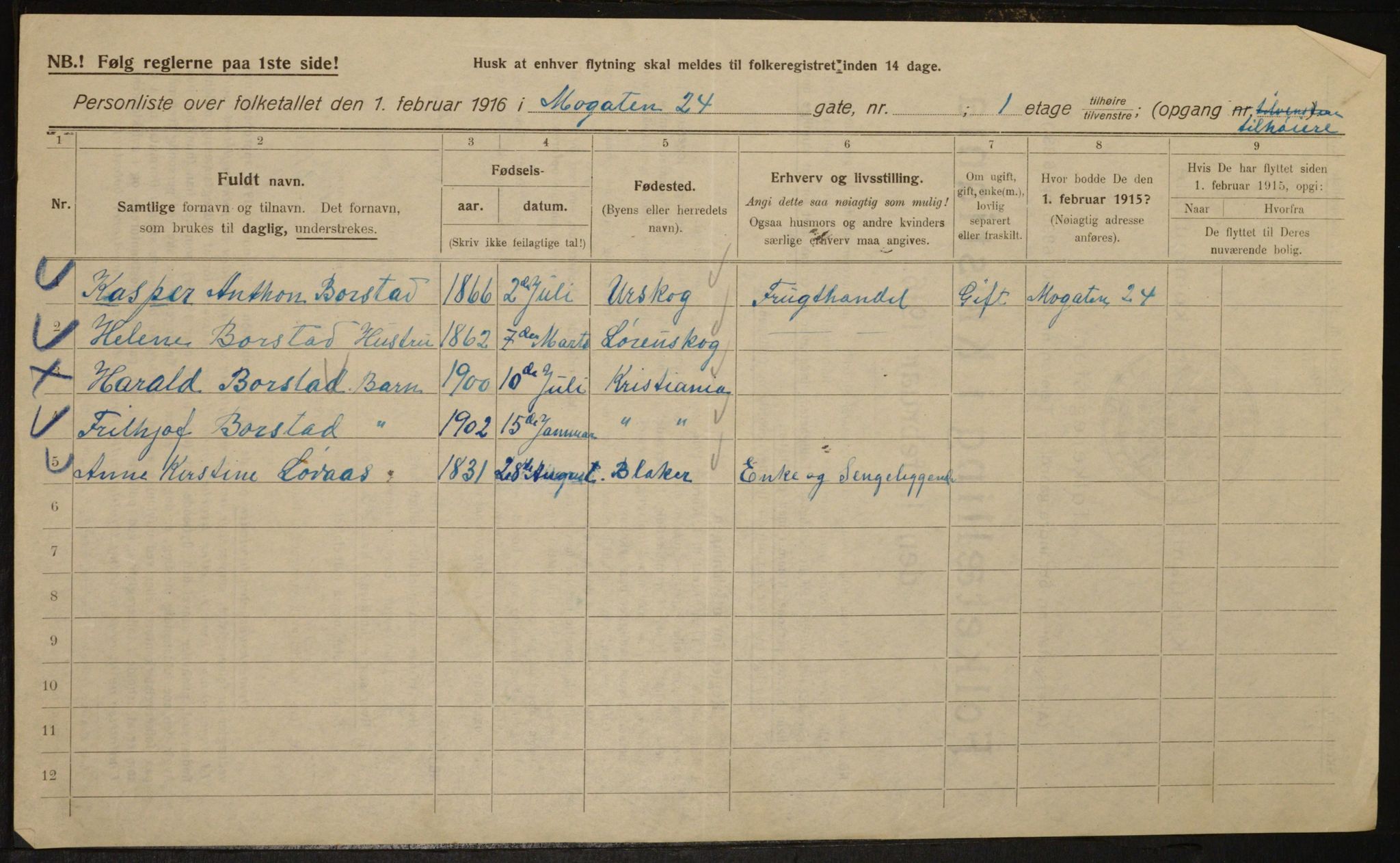 OBA, Municipal Census 1916 for Kristiania, 1916, p. 67239