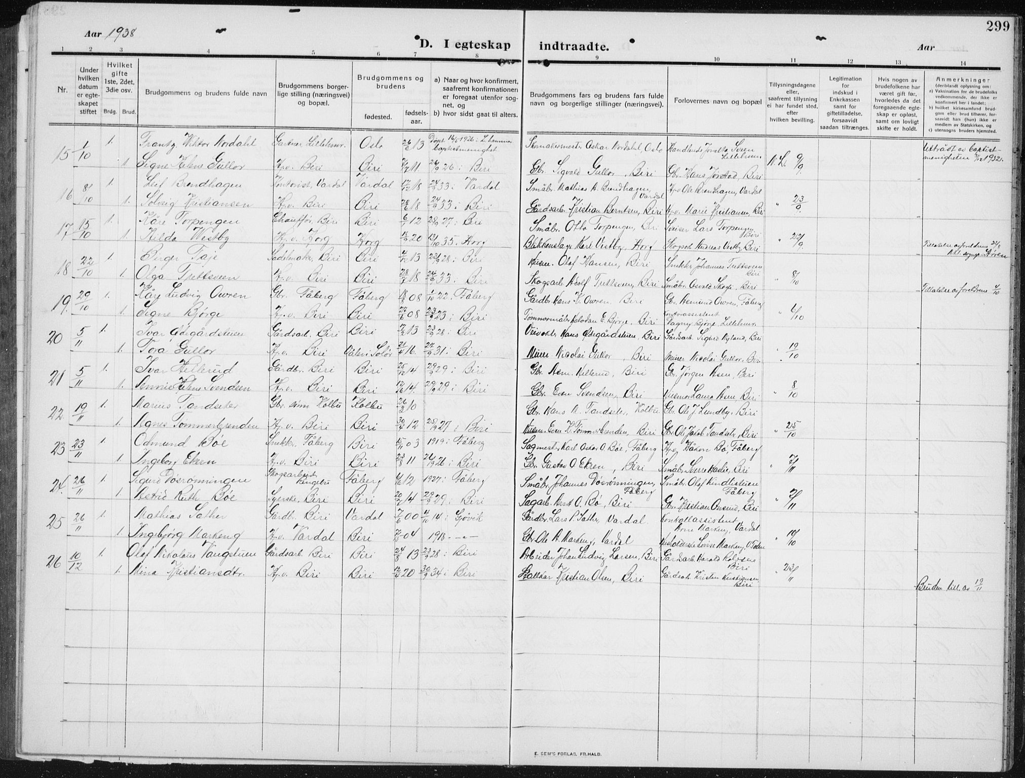 Biri prestekontor, SAH/PREST-096/H/Ha/Hab/L0006: Parish register (copy) no. 6, 1909-1938, p. 299