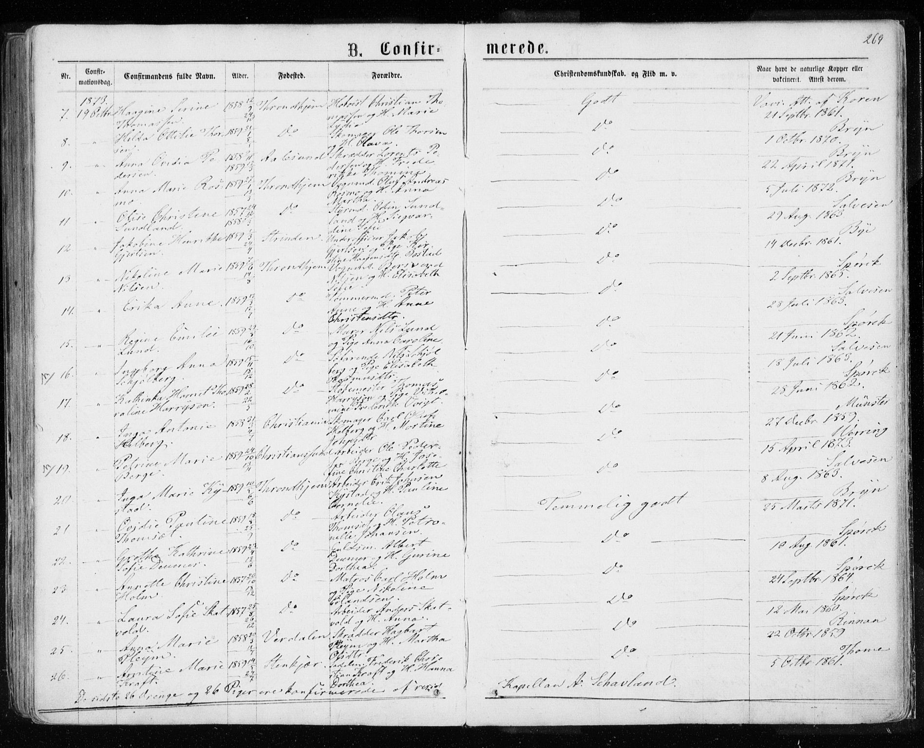 Ministerialprotokoller, klokkerbøker og fødselsregistre - Sør-Trøndelag, SAT/A-1456/601/L0054: Parish register (official) no. 601A22, 1866-1877, p. 269