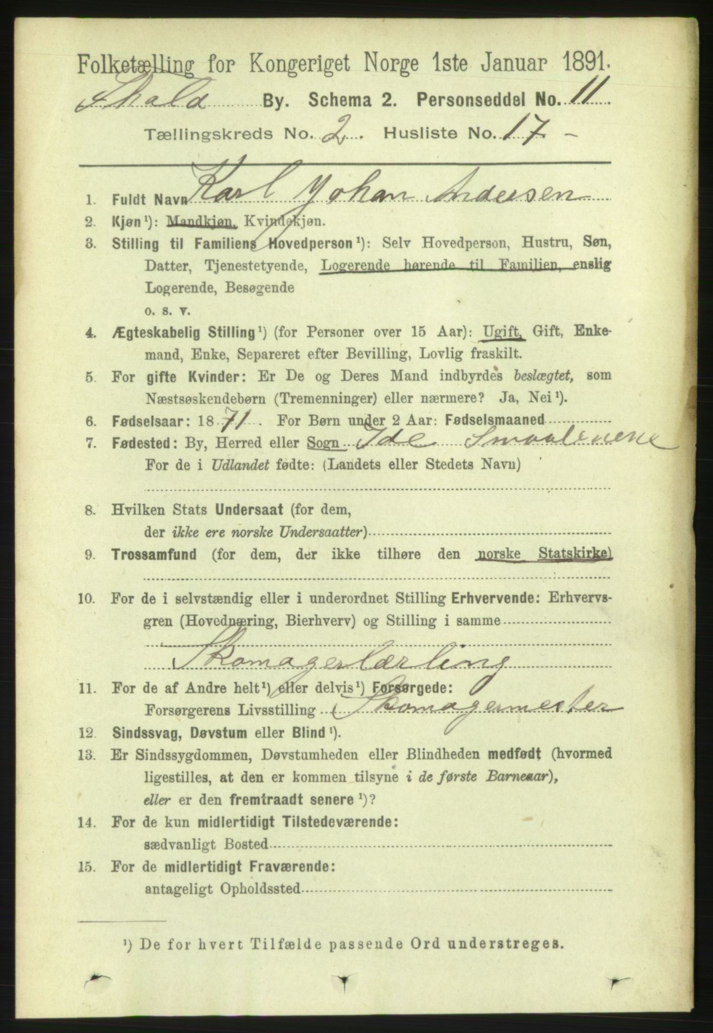 RA, 1891 census for 0101 Fredrikshald, 1891, p. 2857