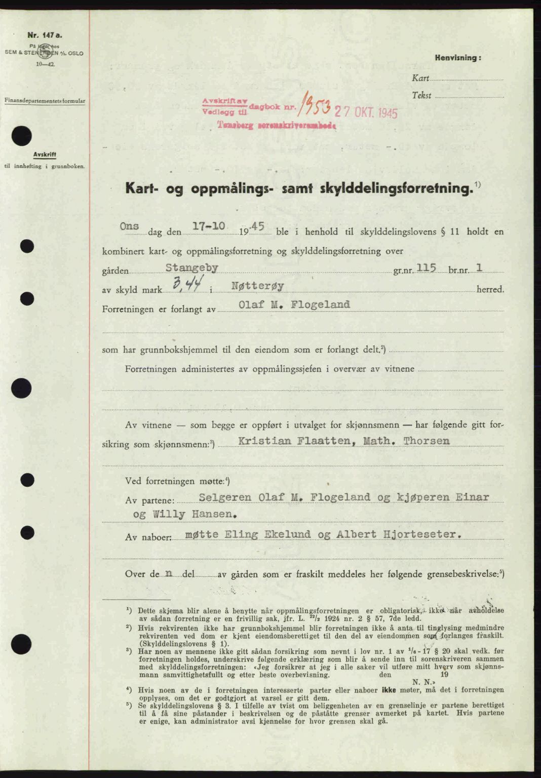 Tønsberg sorenskriveri, AV/SAKO-A-130/G/Ga/Gaa/L0017a: Mortgage book no. A17a, 1945-1945, Diary no: : 1953/1945