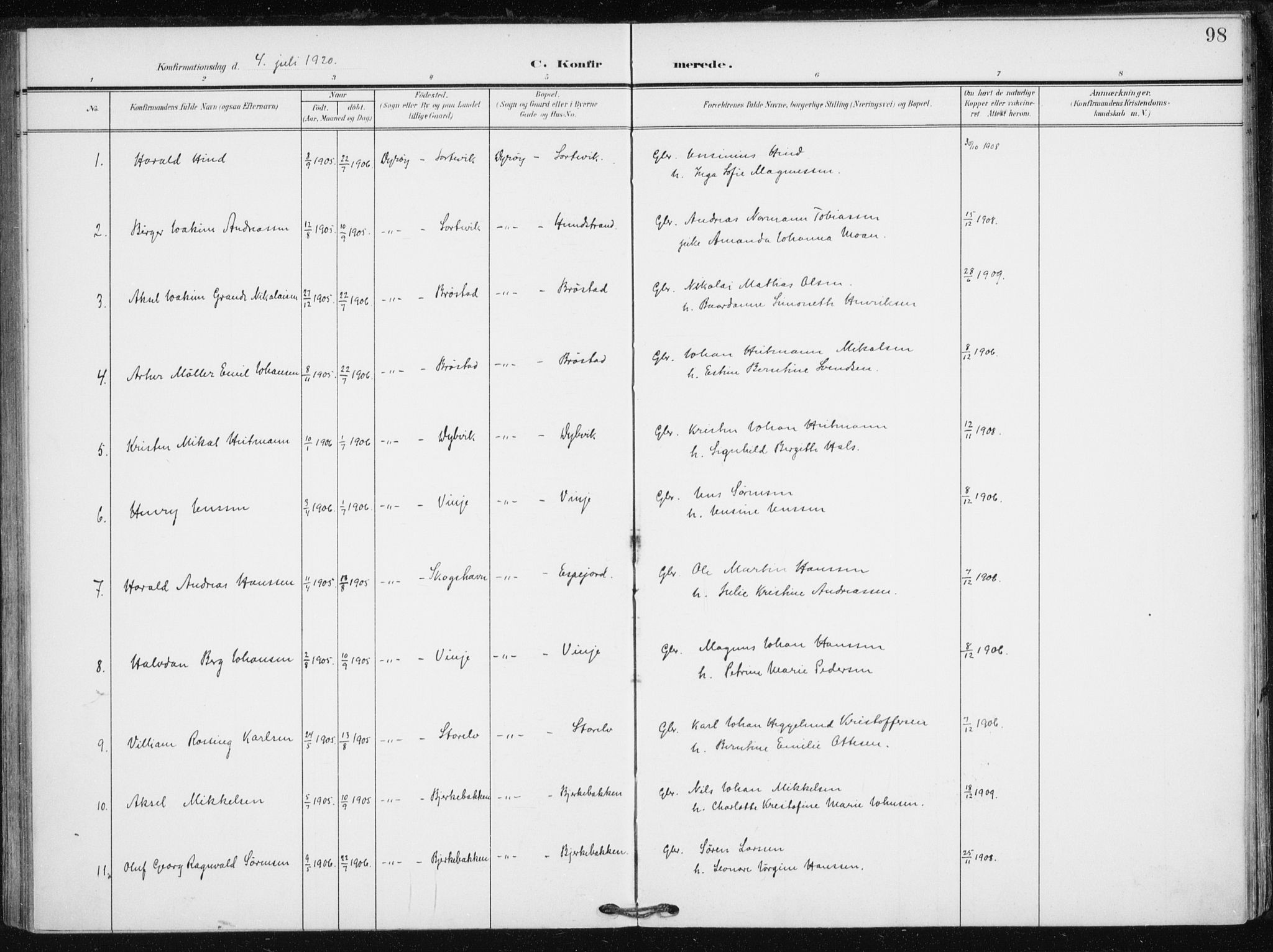 Tranøy sokneprestkontor, SATØ/S-1313/I/Ia/Iaa/L0013kirke: Parish register (official) no. 13, 1905-1922, p. 98