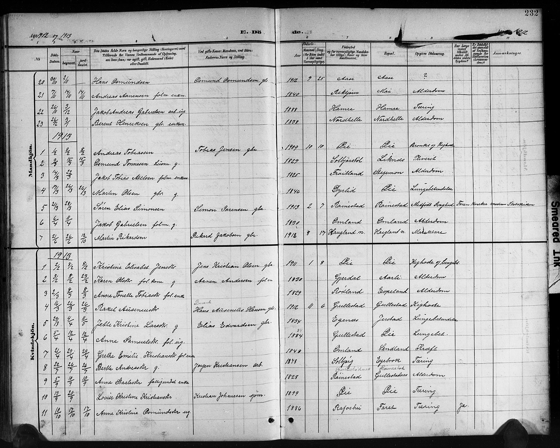 Kvinesdal sokneprestkontor, AV/SAK-1111-0026/F/Fb/Fbb/L0003: Parish register (copy) no. B 3, 1898-1916, p. 232