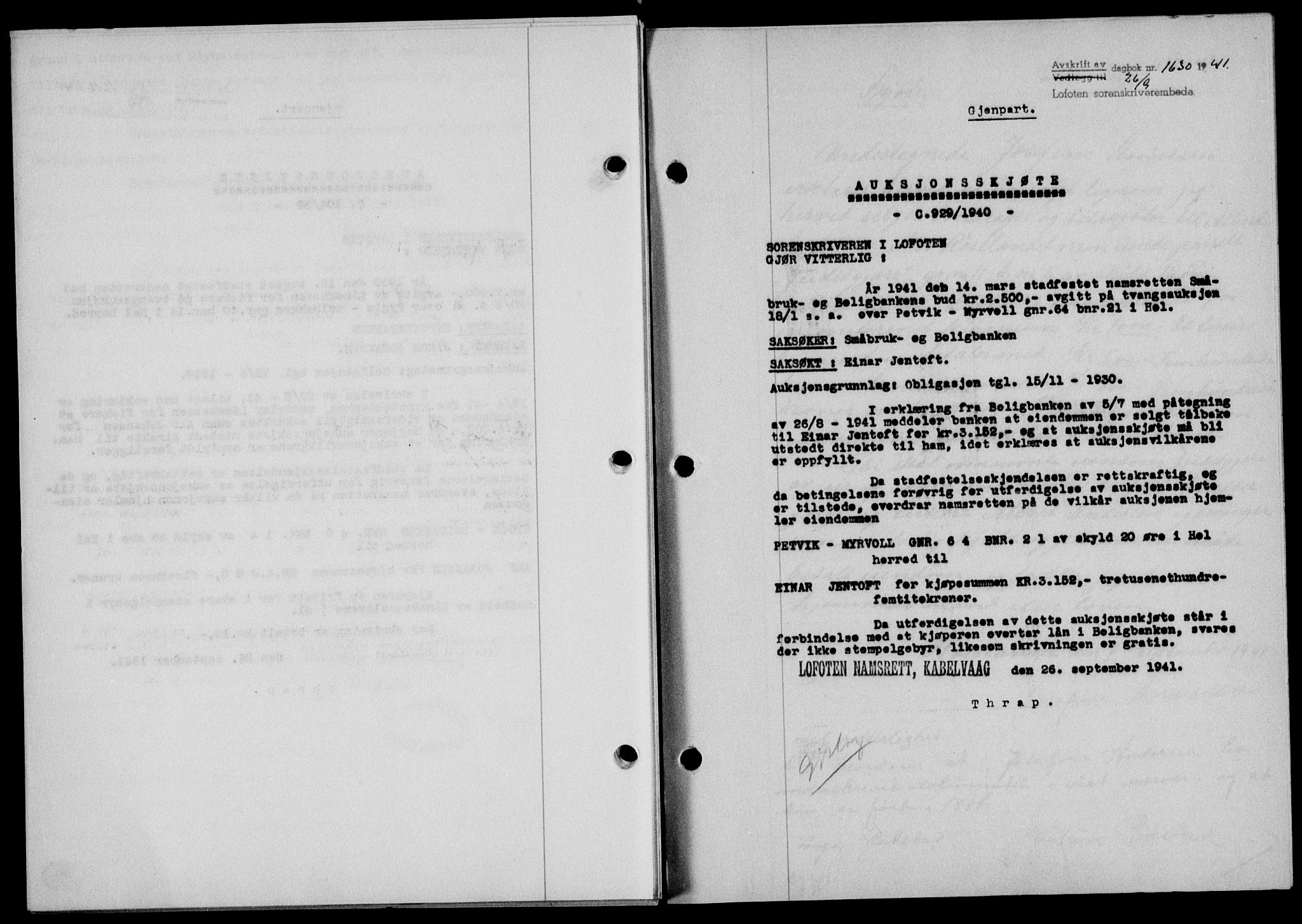 Lofoten sorenskriveri, SAT/A-0017/1/2/2C/L0008a: Mortgage book no. 8a, 1940-1941, Diary no: : 1630/1941