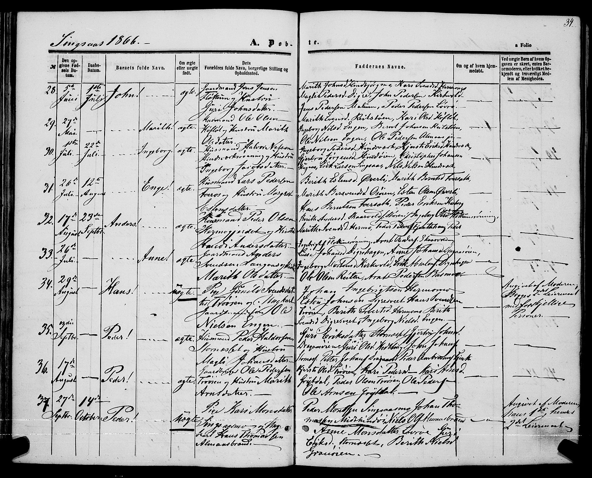 Ministerialprotokoller, klokkerbøker og fødselsregistre - Sør-Trøndelag, AV/SAT-A-1456/685/L0967: Parish register (official) no. 685A07 /2, 1860-1869, p. 34