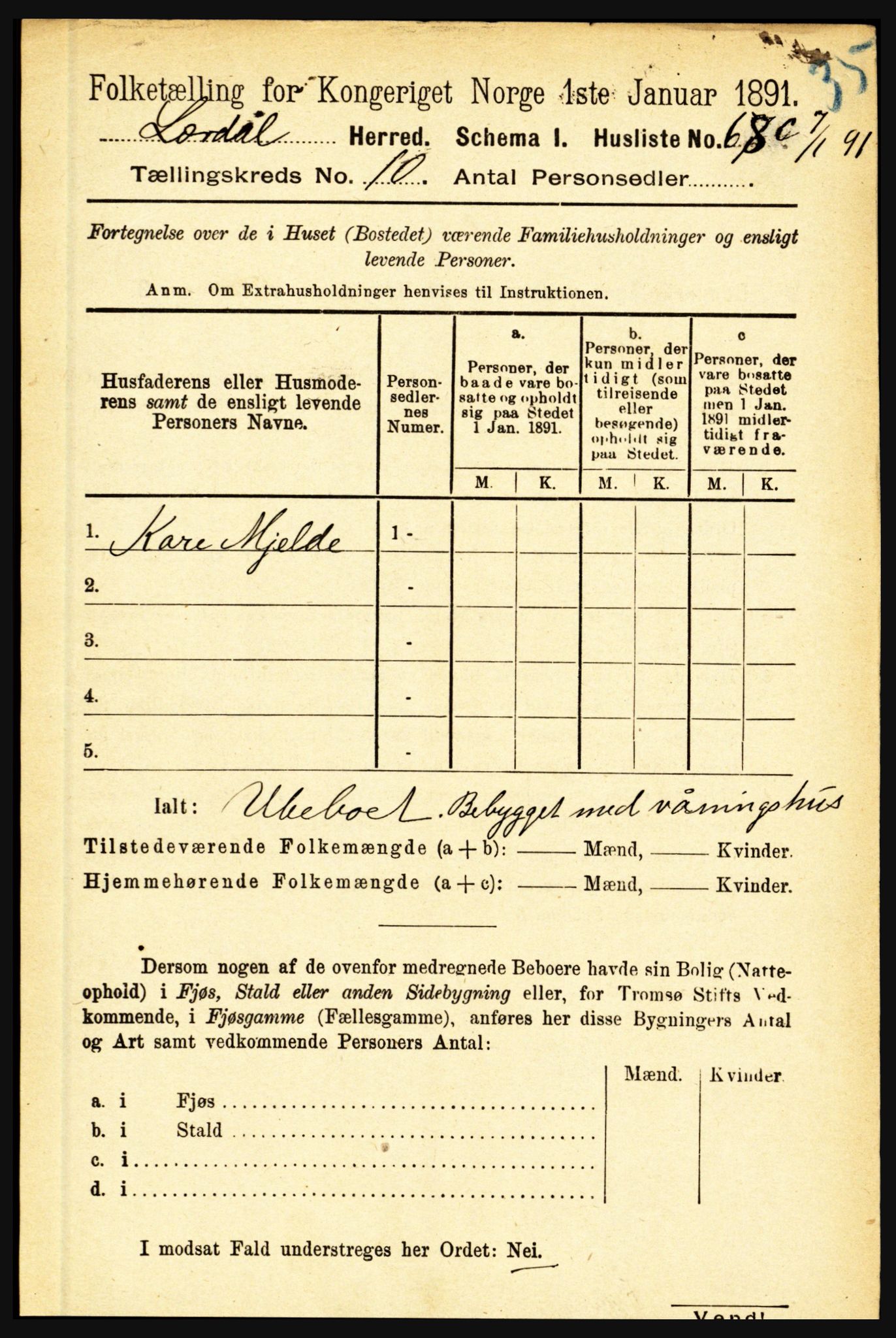 RA, 1891 census for 1422 Lærdal, 1891, p. 1694