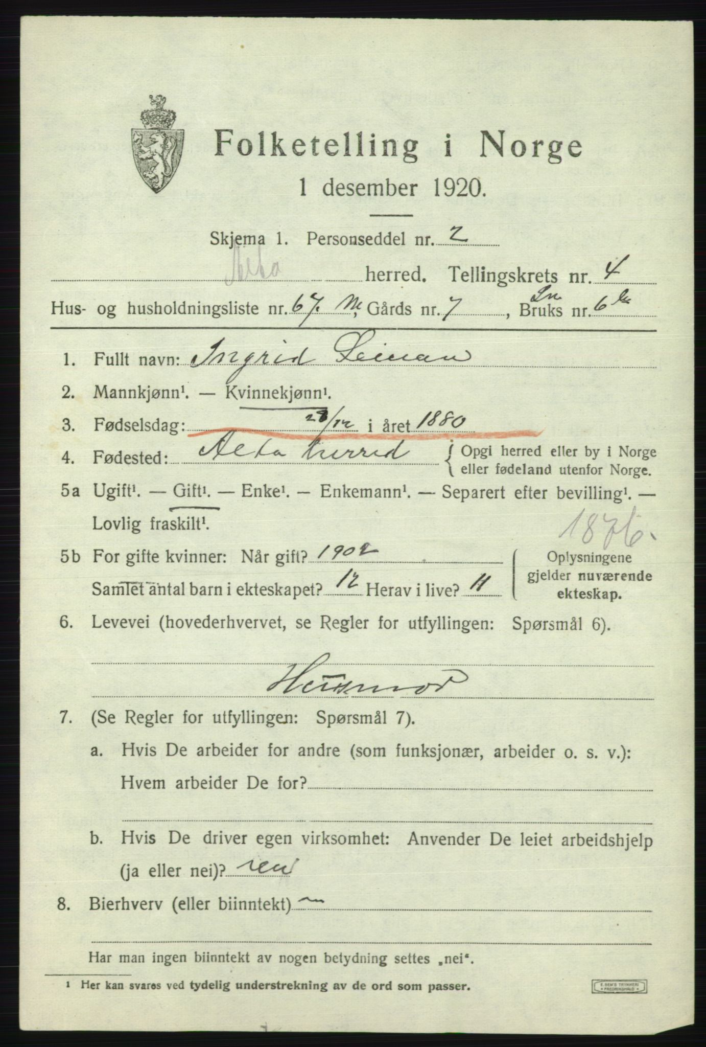 SATØ, 1920 census for Alta, 1920, p. 3271