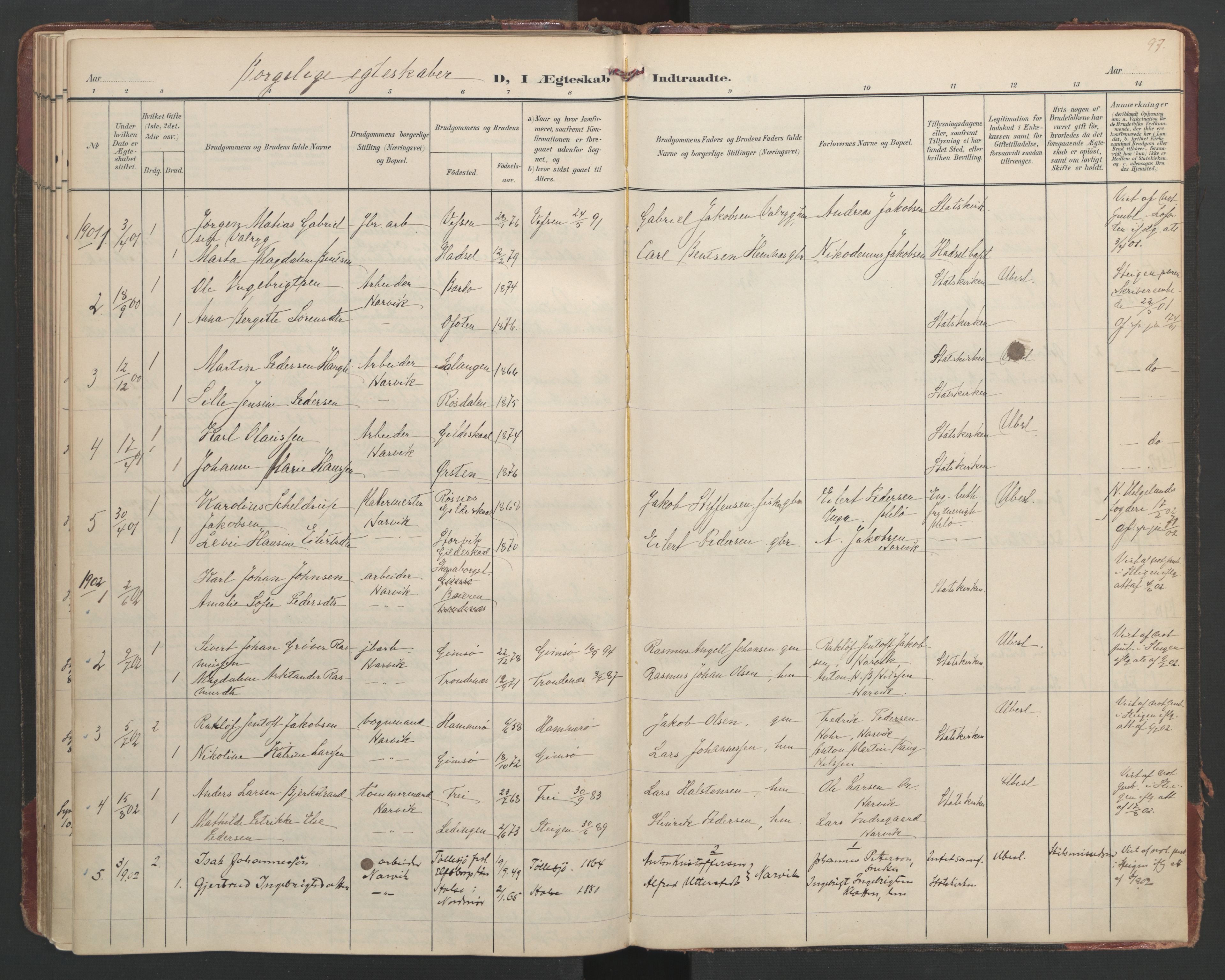 Ministerialprotokoller, klokkerbøker og fødselsregistre - Nordland, SAT/A-1459/866/L0942: Parish register (official) no. 866A05, 1901-1928, p. 97