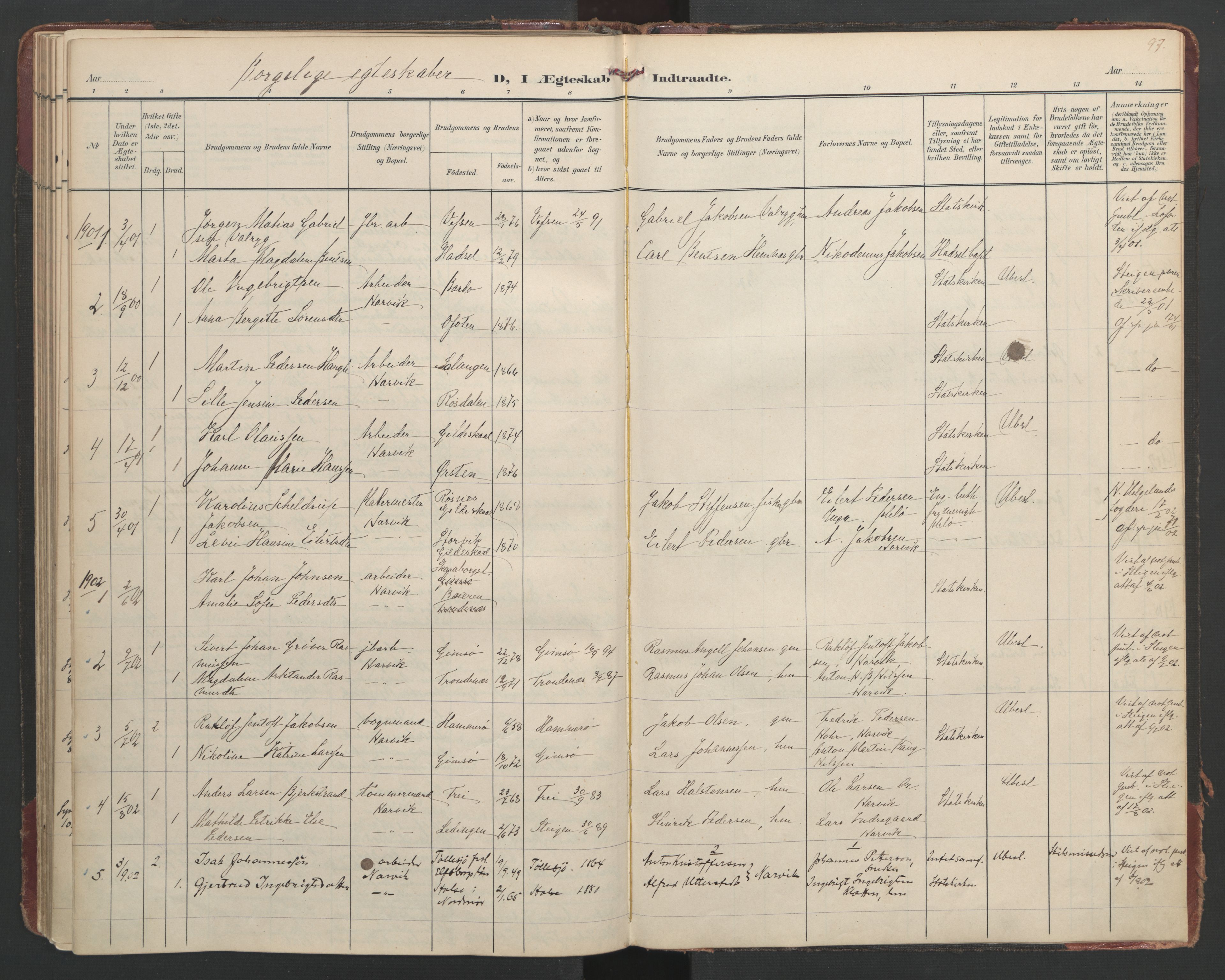 Ministerialprotokoller, klokkerbøker og fødselsregistre - Nordland, AV/SAT-A-1459/866/L0942: Parish register (official) no. 866A05, 1901-1928, p. 97