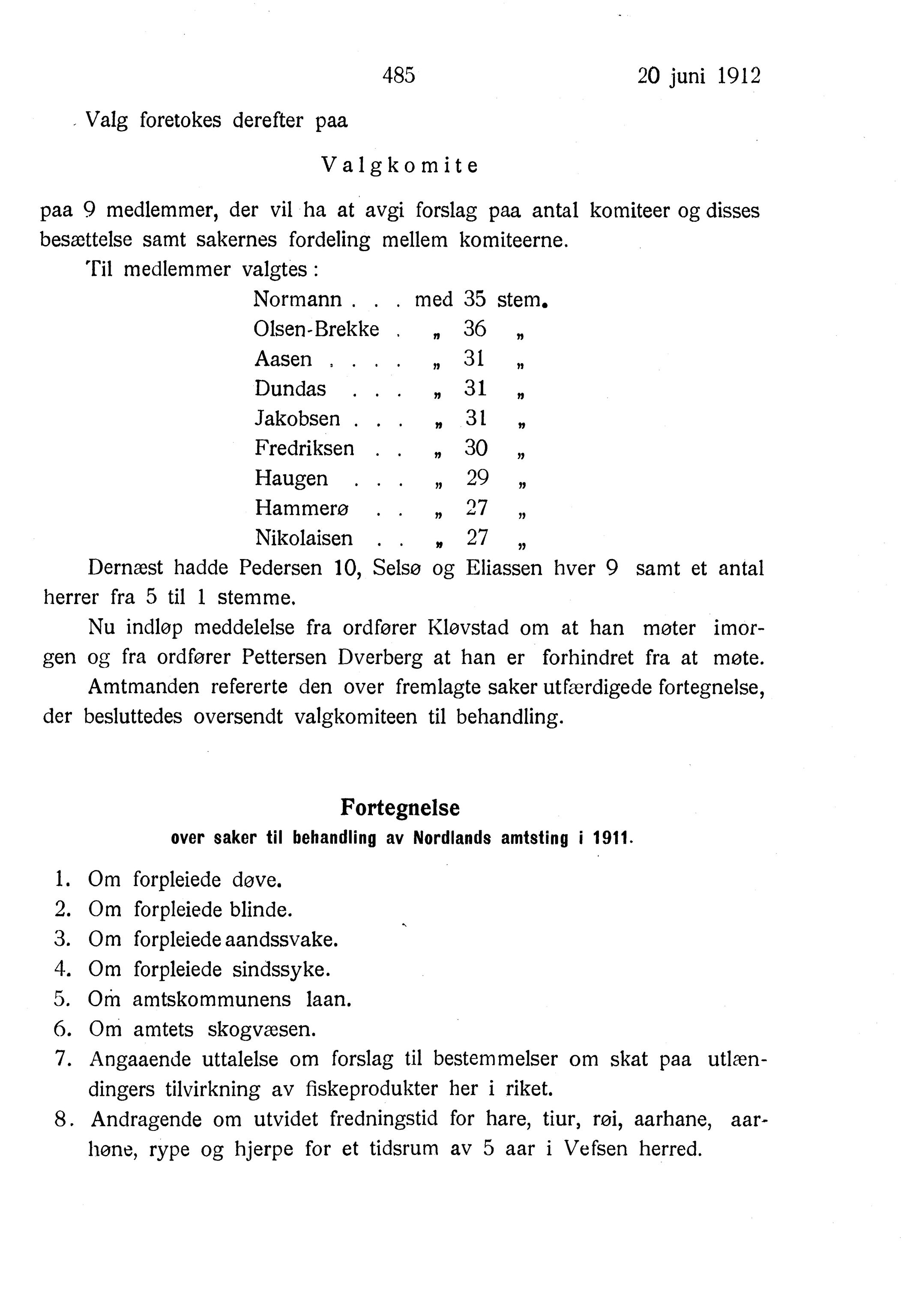 Nordland Fylkeskommune. Fylkestinget, AIN/NFK-17/176/A/Ac/L0035: Fylkestingsforhandlinger 1912, 1912, p. 485