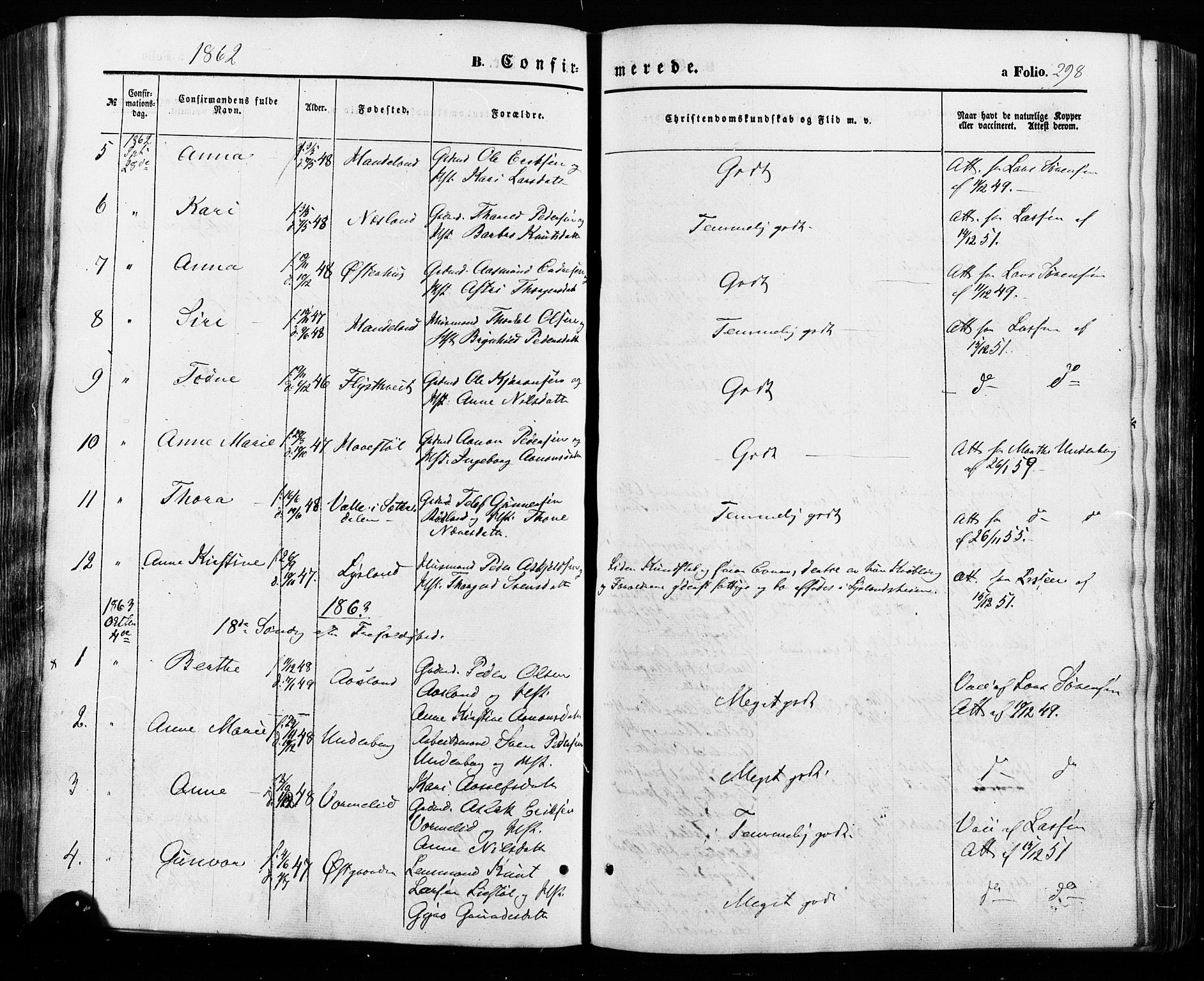 Åseral sokneprestkontor, SAK/1111-0051/F/Fa/L0002: Parish register (official) no. A 2, 1854-1884, p. 298