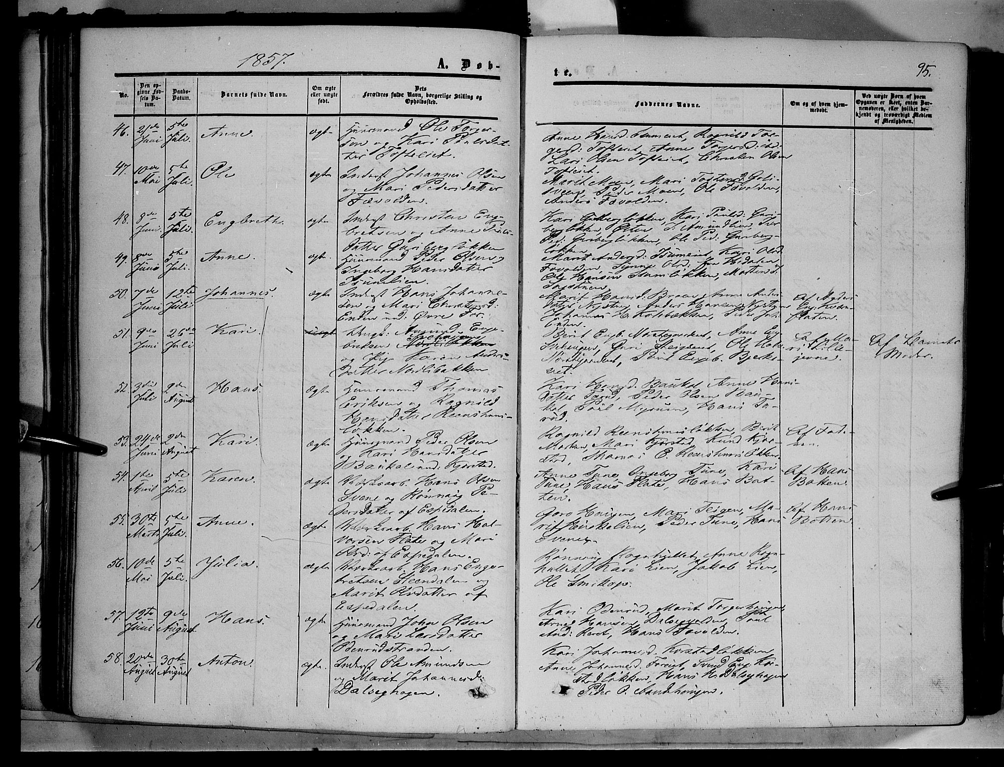 Sør-Fron prestekontor, AV/SAH-PREST-010/H/Ha/Haa/L0001: Parish register (official) no. 1, 1849-1863, p. 95